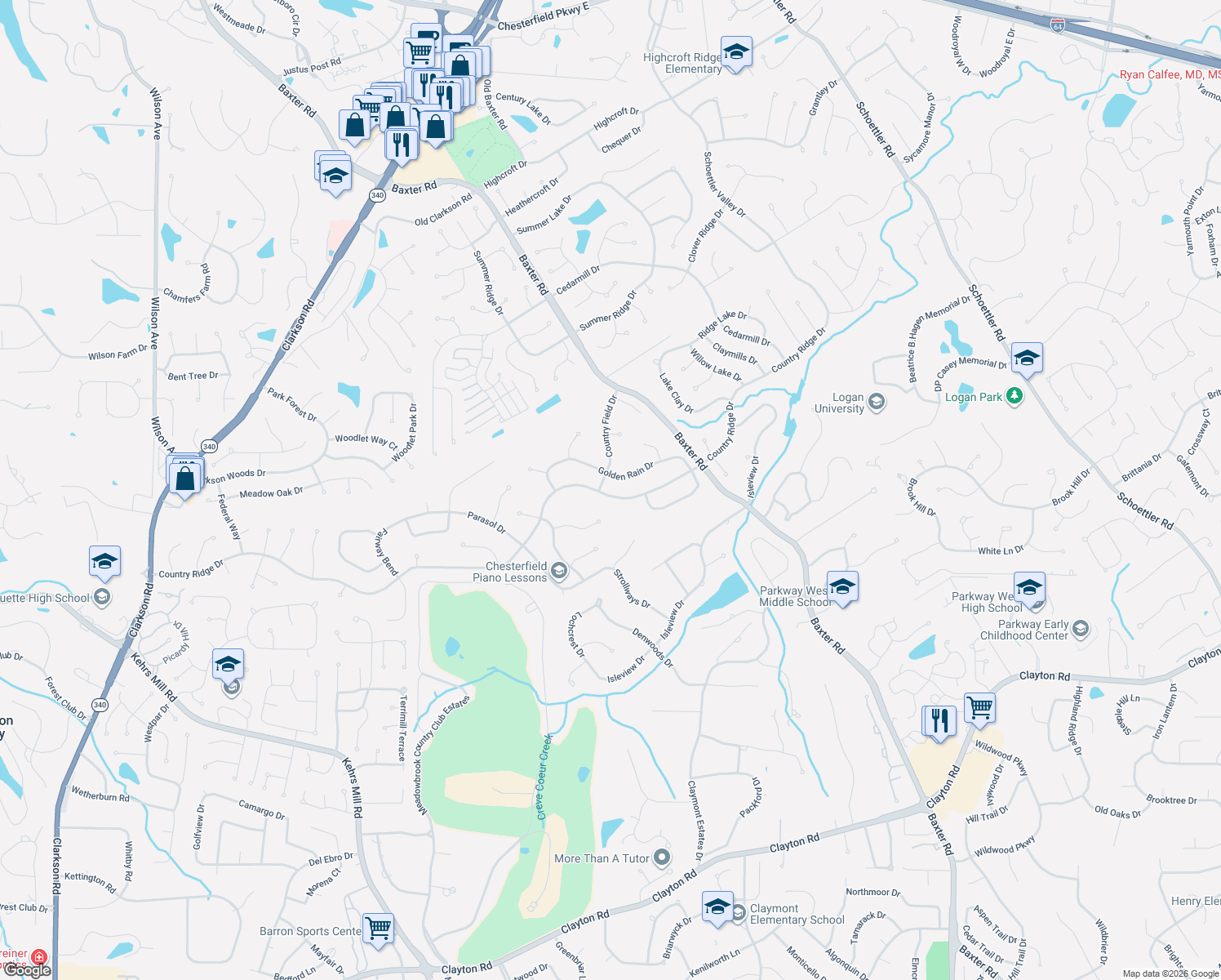map of restaurants, bars, coffee shops, grocery stores, and more near 15315 Country Ridge Drive in Chesterfield