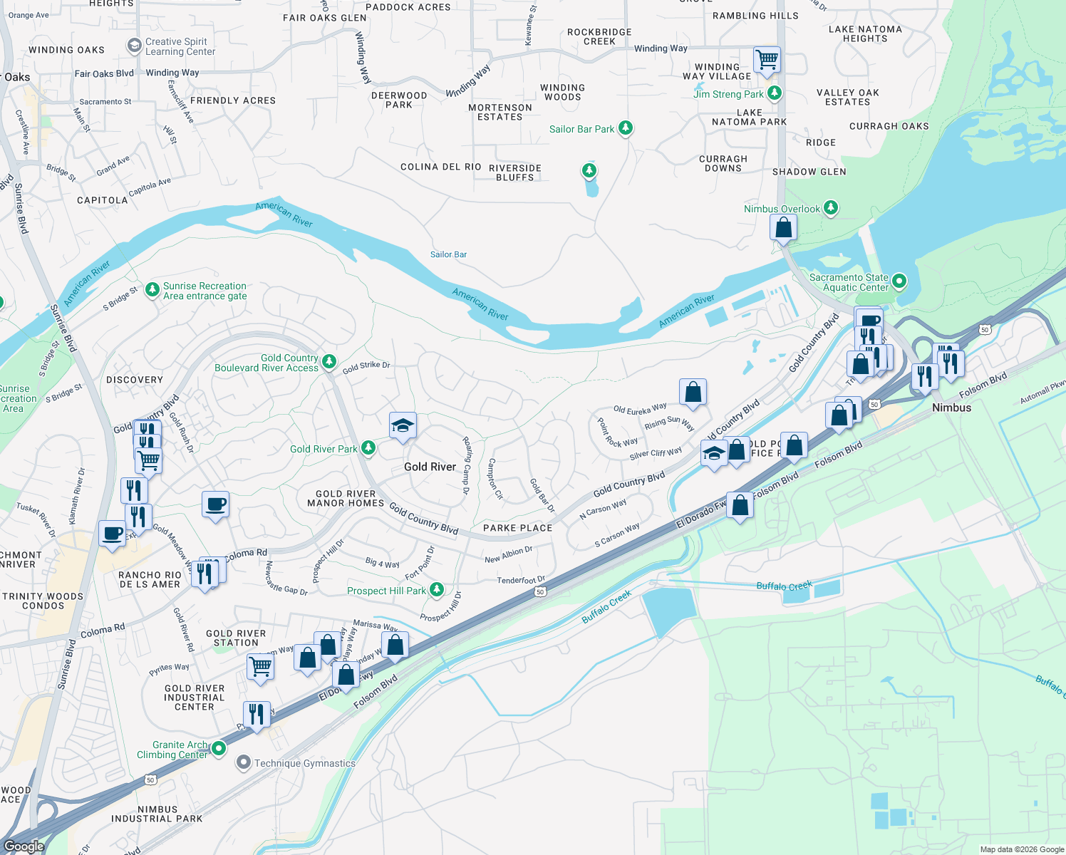 map of restaurants, bars, coffee shops, grocery stores, and more near 11750 Quail Bar Court in Gold River