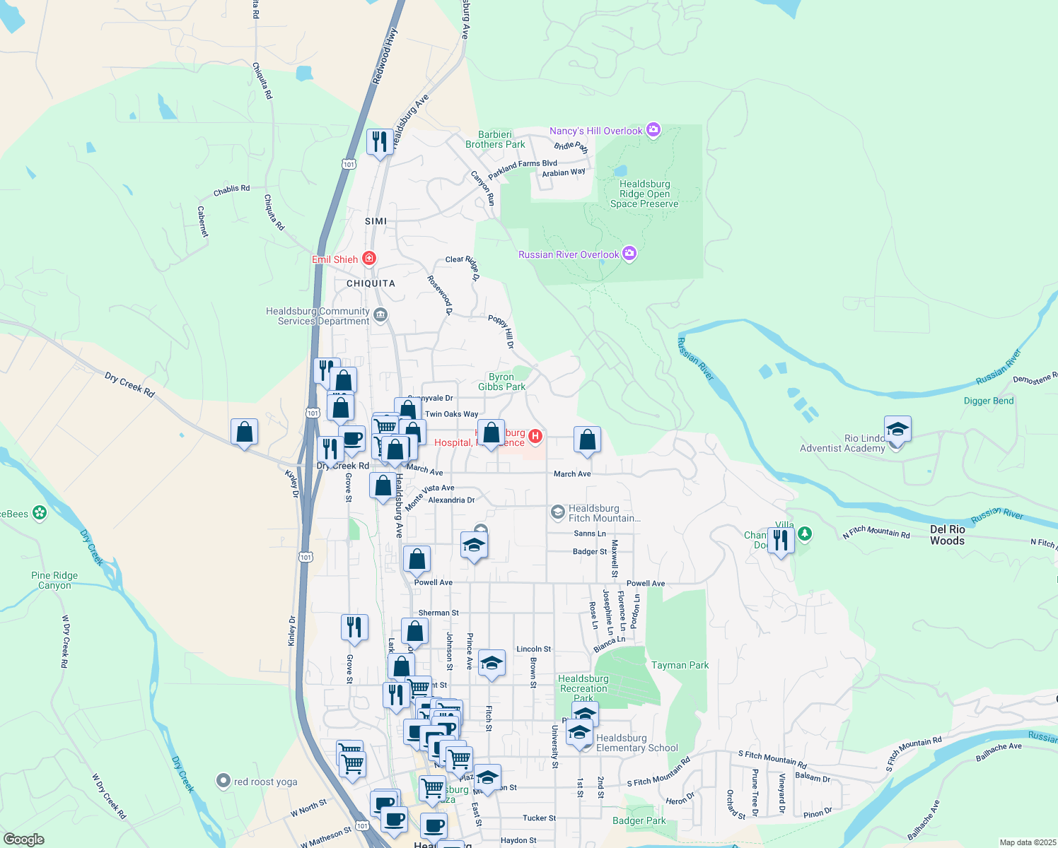 map of restaurants, bars, coffee shops, grocery stores, and more near 435 Terrace Blvd in Healdsburg