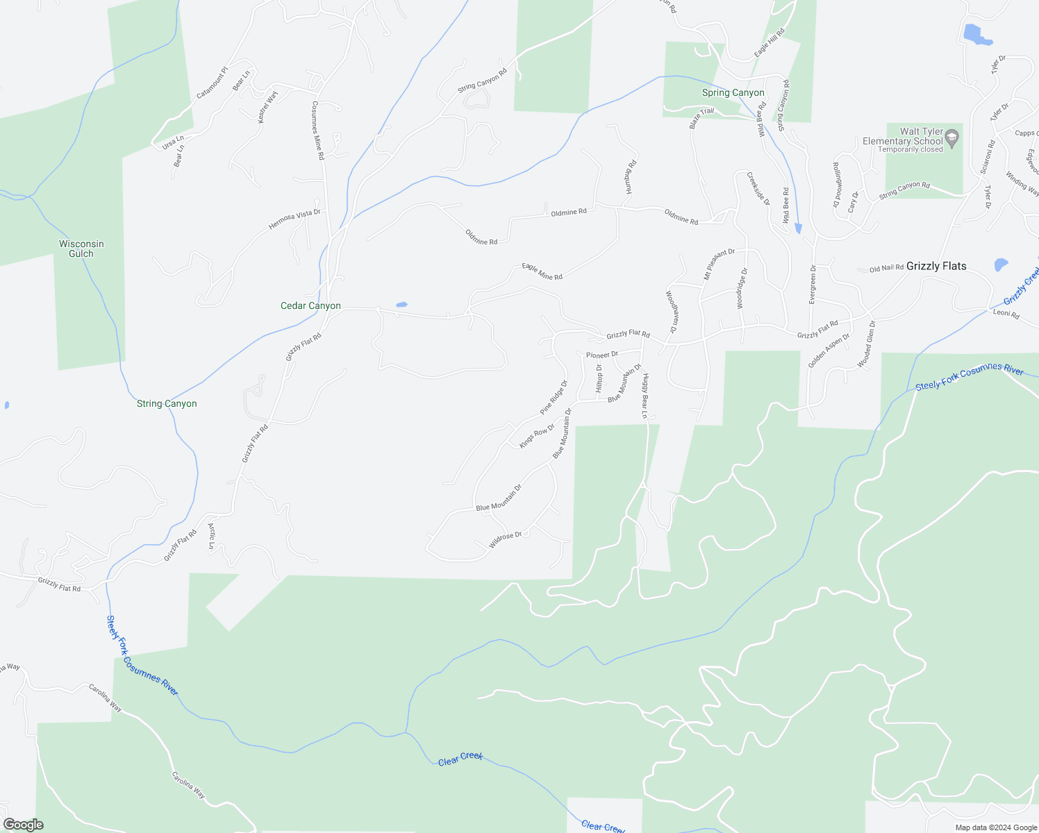 map of restaurants, bars, coffee shops, grocery stores, and more near 5435 Pine Ridge Drive in Grizzly Flats