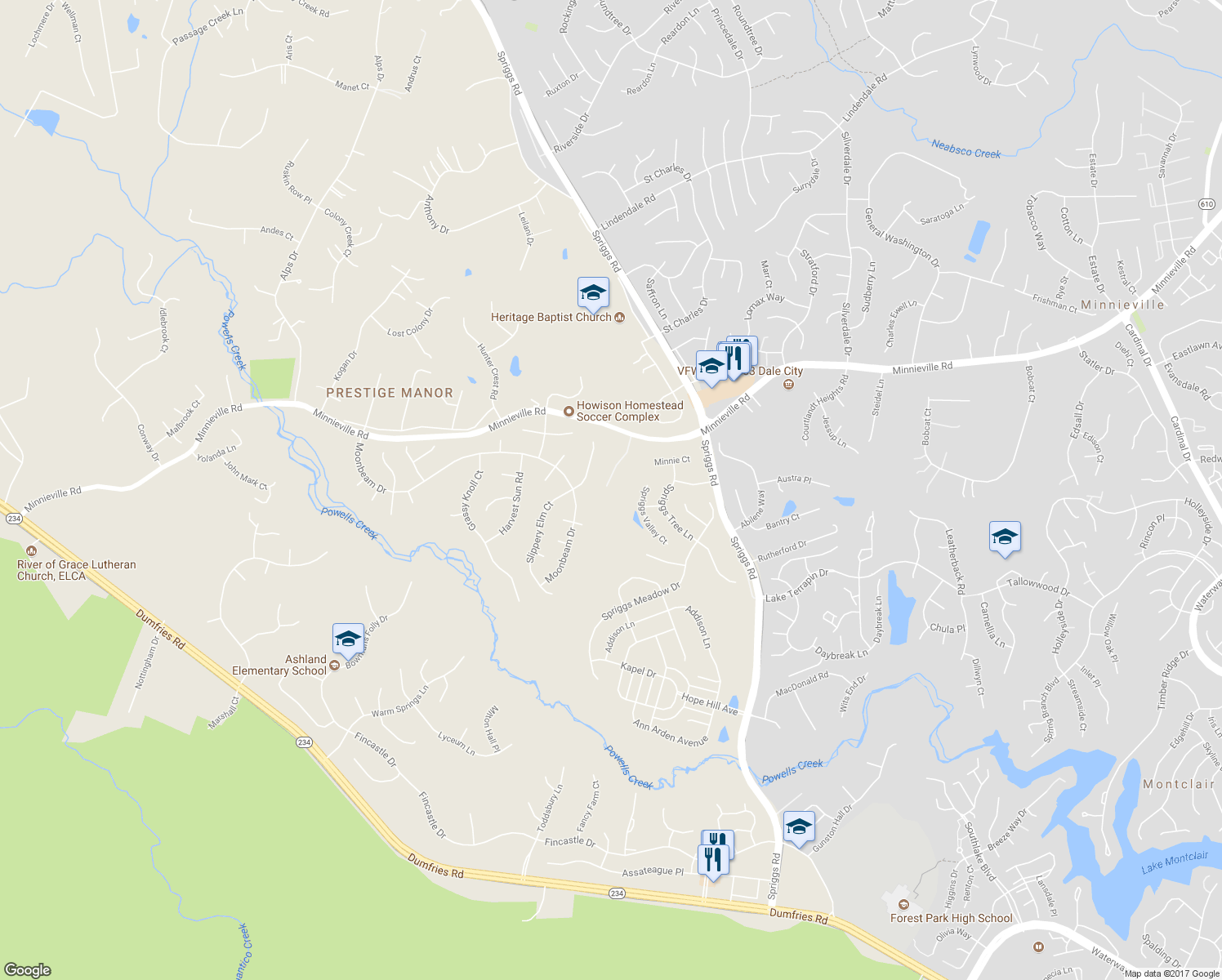 map of restaurants, bars, coffee shops, grocery stores, and more near 14715 Minnieville Road in Woodbridge