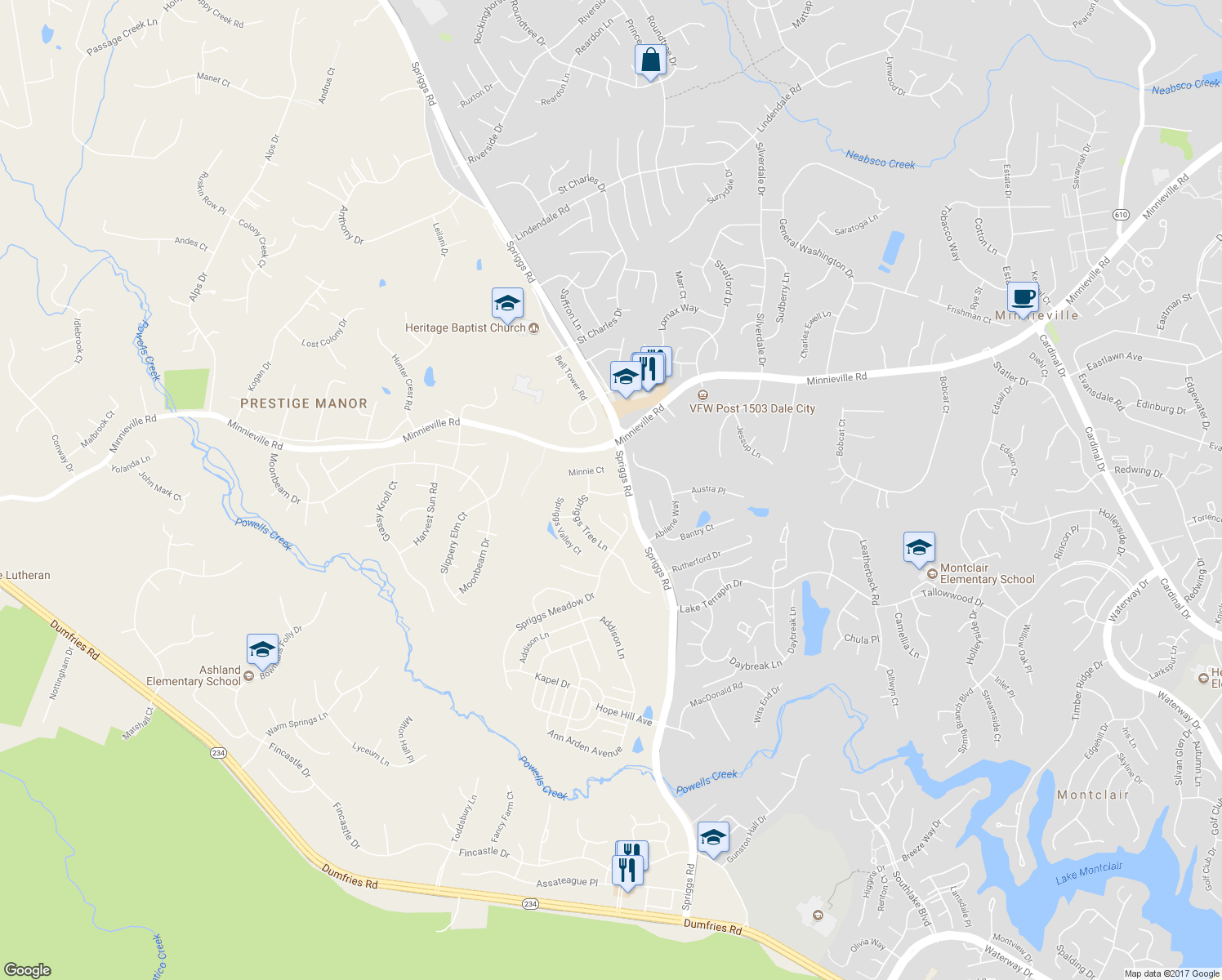 map of restaurants, bars, coffee shops, grocery stores, and more near 5554 Barnes Lane in Woodbridge