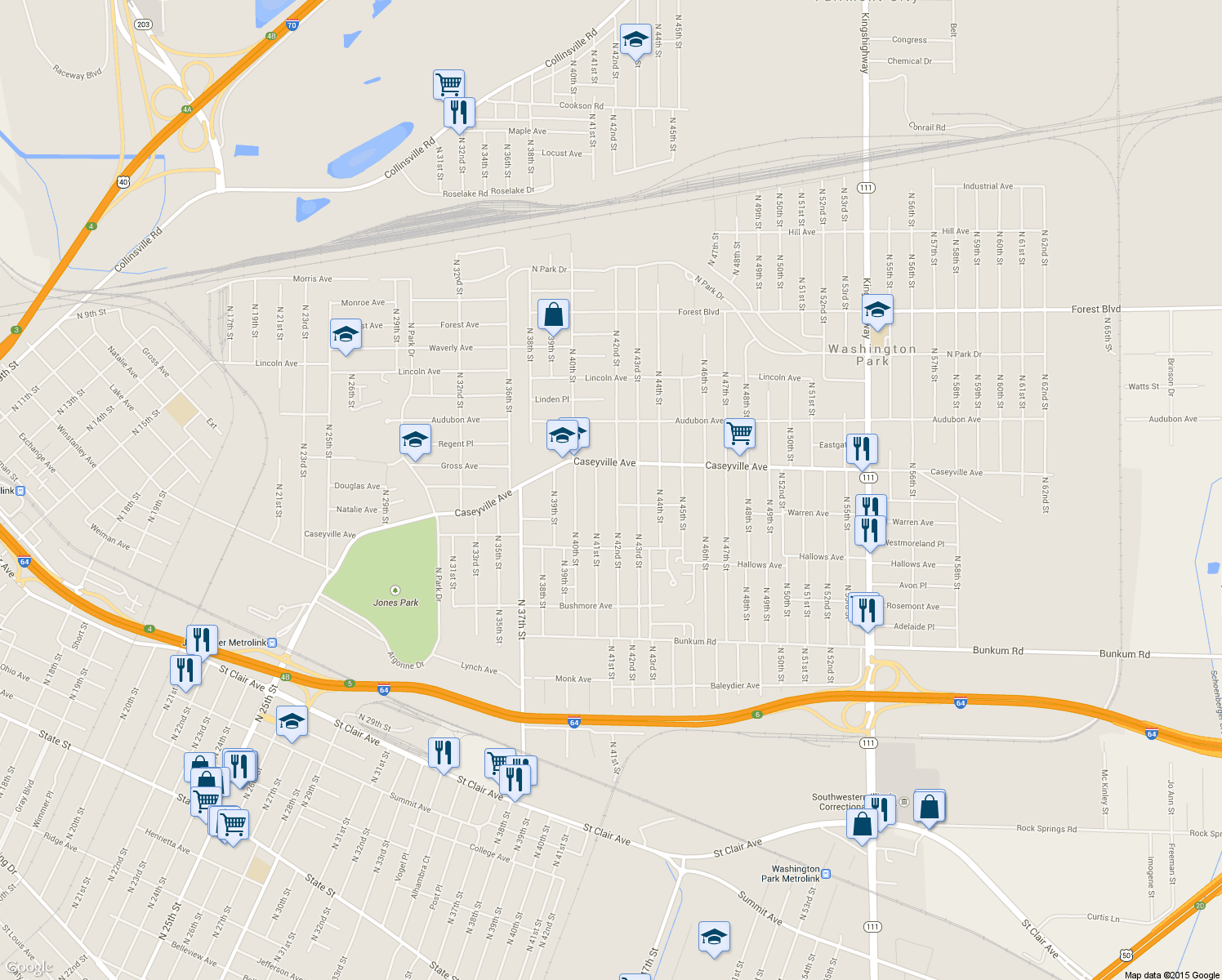 map of restaurants, bars, coffee shops, grocery stores, and more near 1517 North 42nd Street in East St. Louis