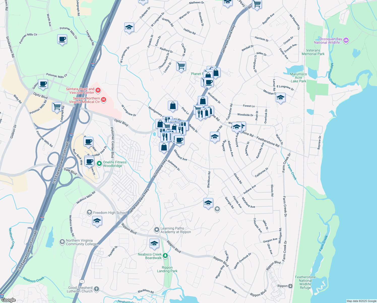 map of restaurants, bars, coffee shops, grocery stores, and more near 14754 Winding Loop in Woodbridge