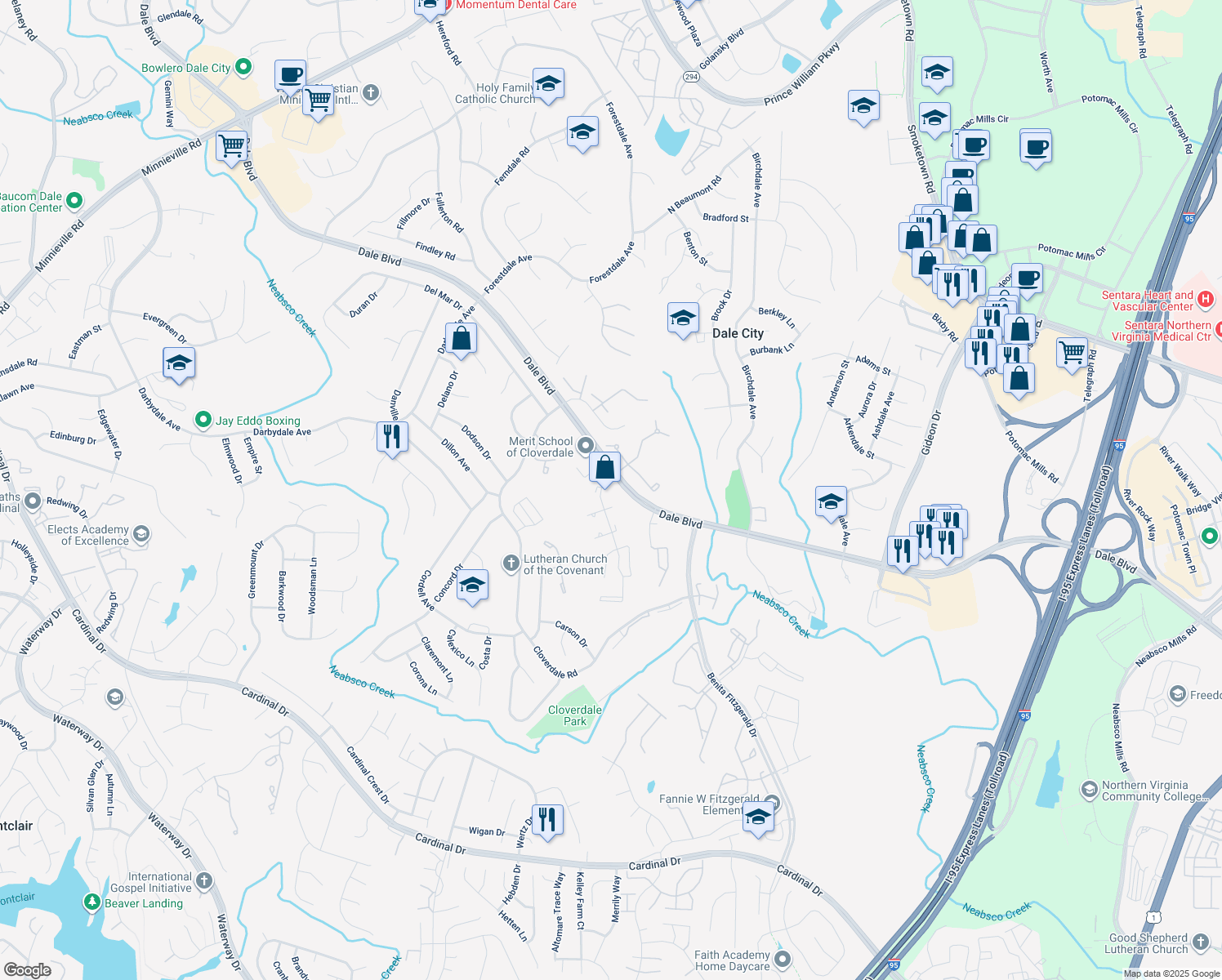 map of restaurants, bars, coffee shops, grocery stores, and more near 3489 Cowes Mews in Woodbridge