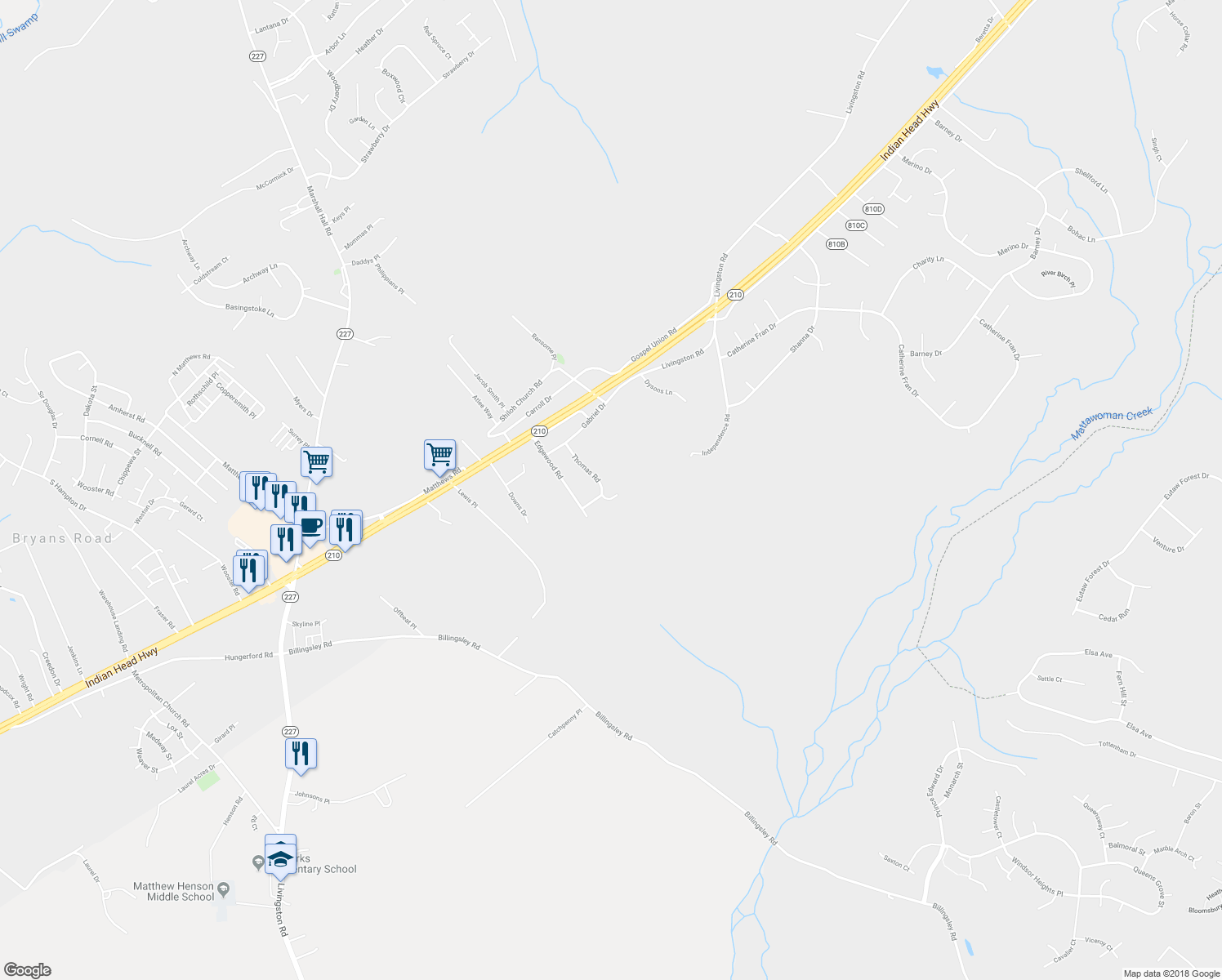 map of restaurants, bars, coffee shops, grocery stores, and more near 3002 Thomas Road in Bryans Road