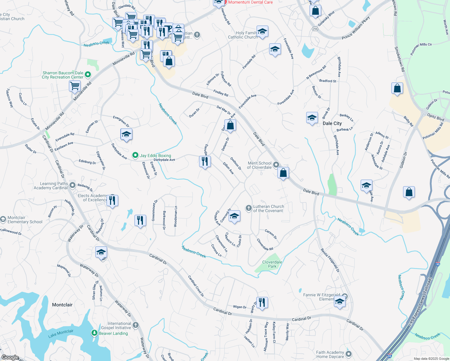 map of restaurants, bars, coffee shops, grocery stores, and more near 14820 Danville Road in Woodbridge