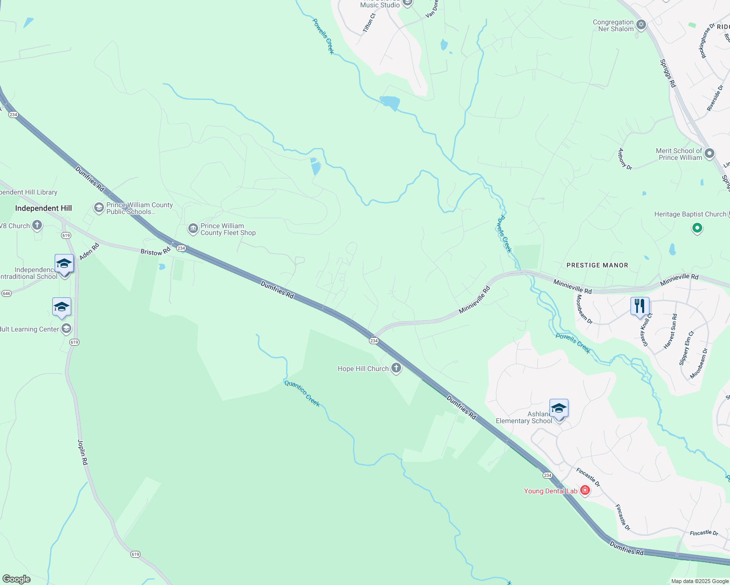 map of restaurants, bars, coffee shops, grocery stores, and more near 14927 Dumfries Rd in Manassas