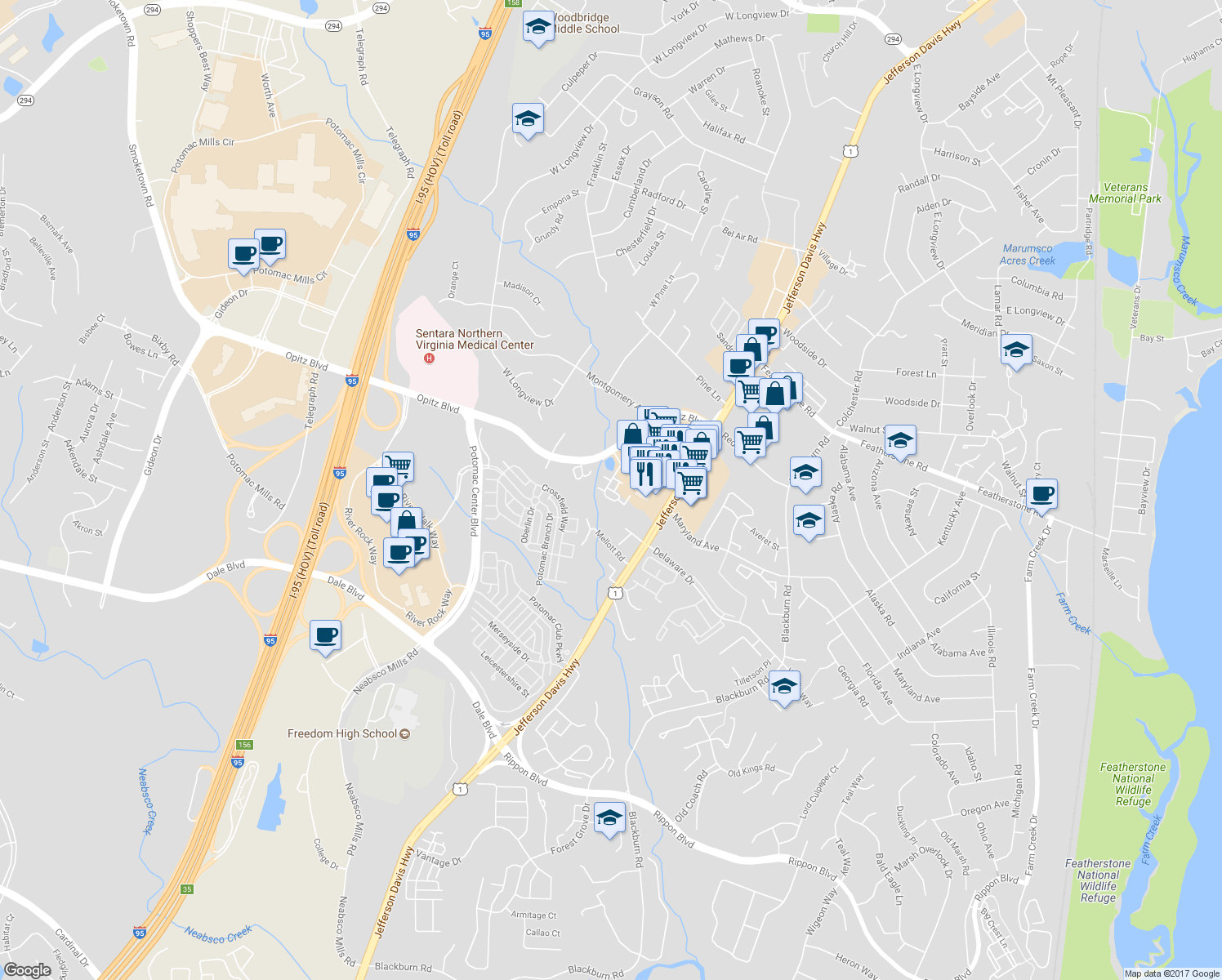 map of restaurants, bars, coffee shops, grocery stores, and more near 14809 Mason Creek Circle in Woodbridge