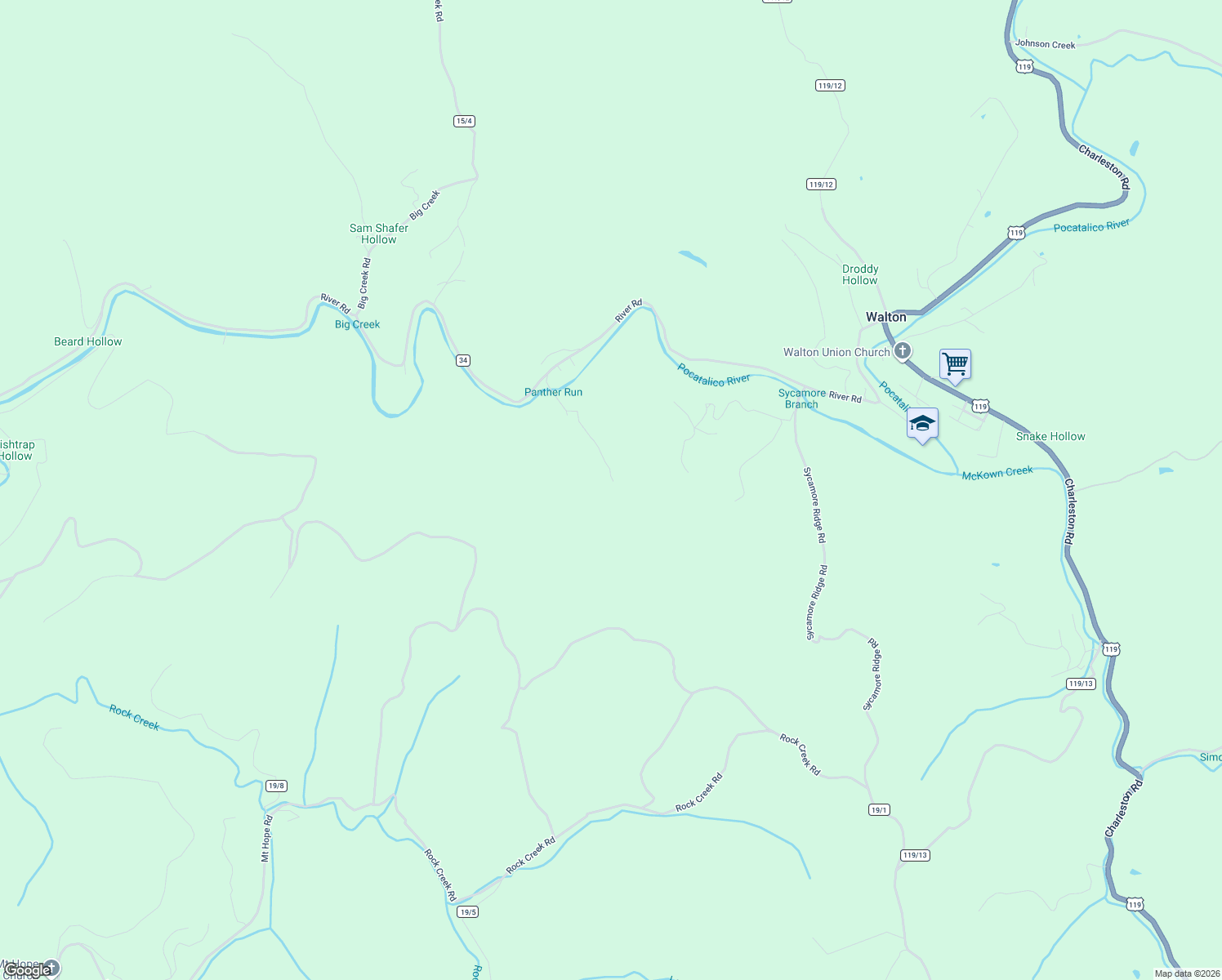 map of restaurants, bars, coffee shops, grocery stores, and more near 721 River Road in Walton