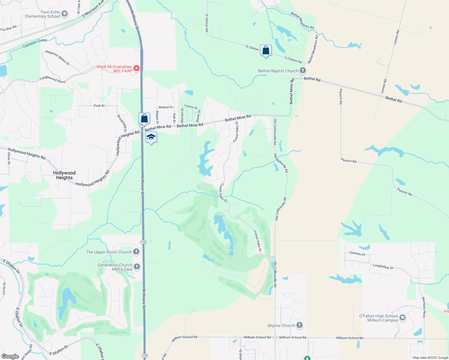 map of restaurants, bars, coffee shops, grocery stores, and more near 189 Forest Oaks Drive in Caseyville