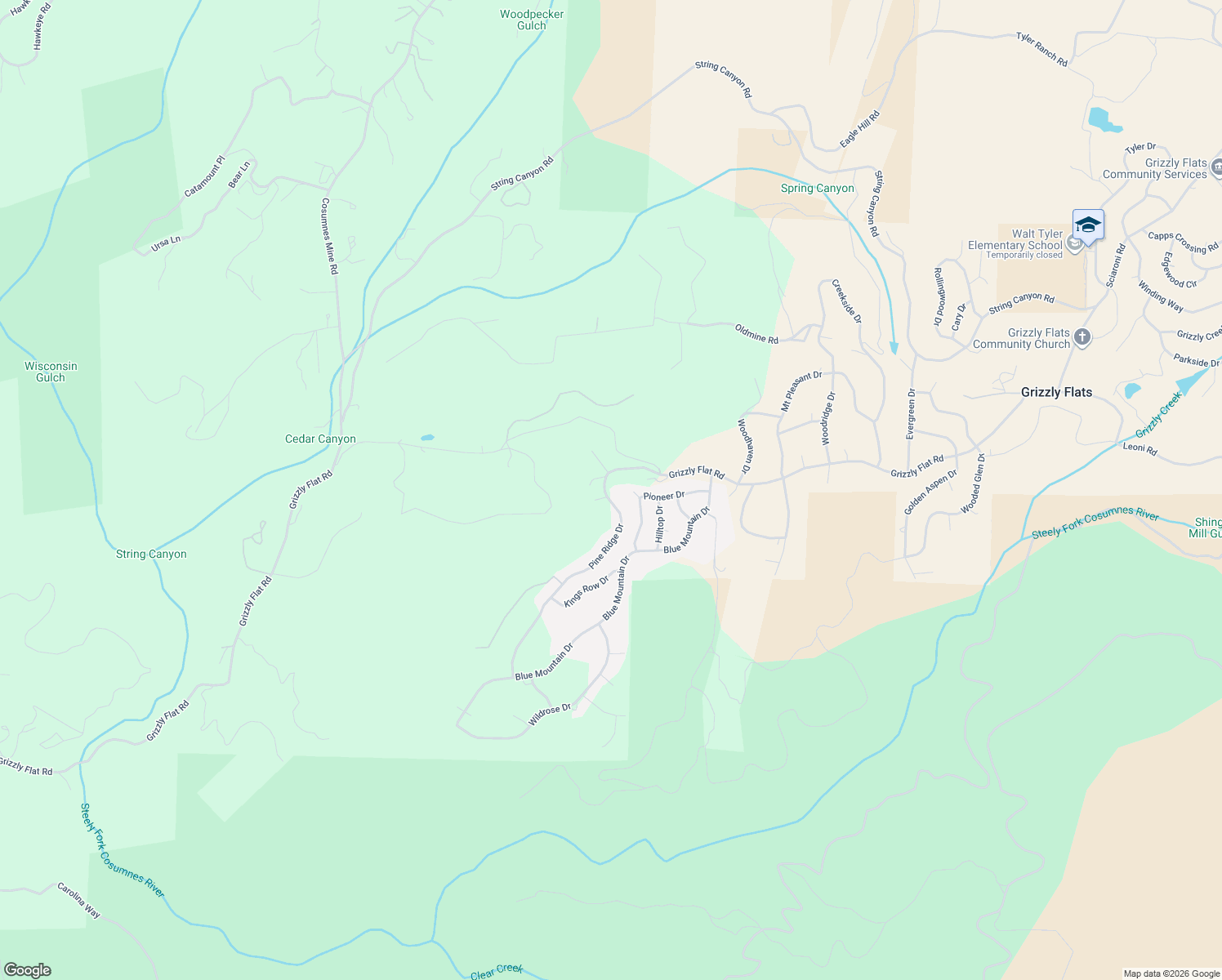 map of restaurants, bars, coffee shops, grocery stores, and more near 5264 Pine Ridge Drive in Grizzly Flats