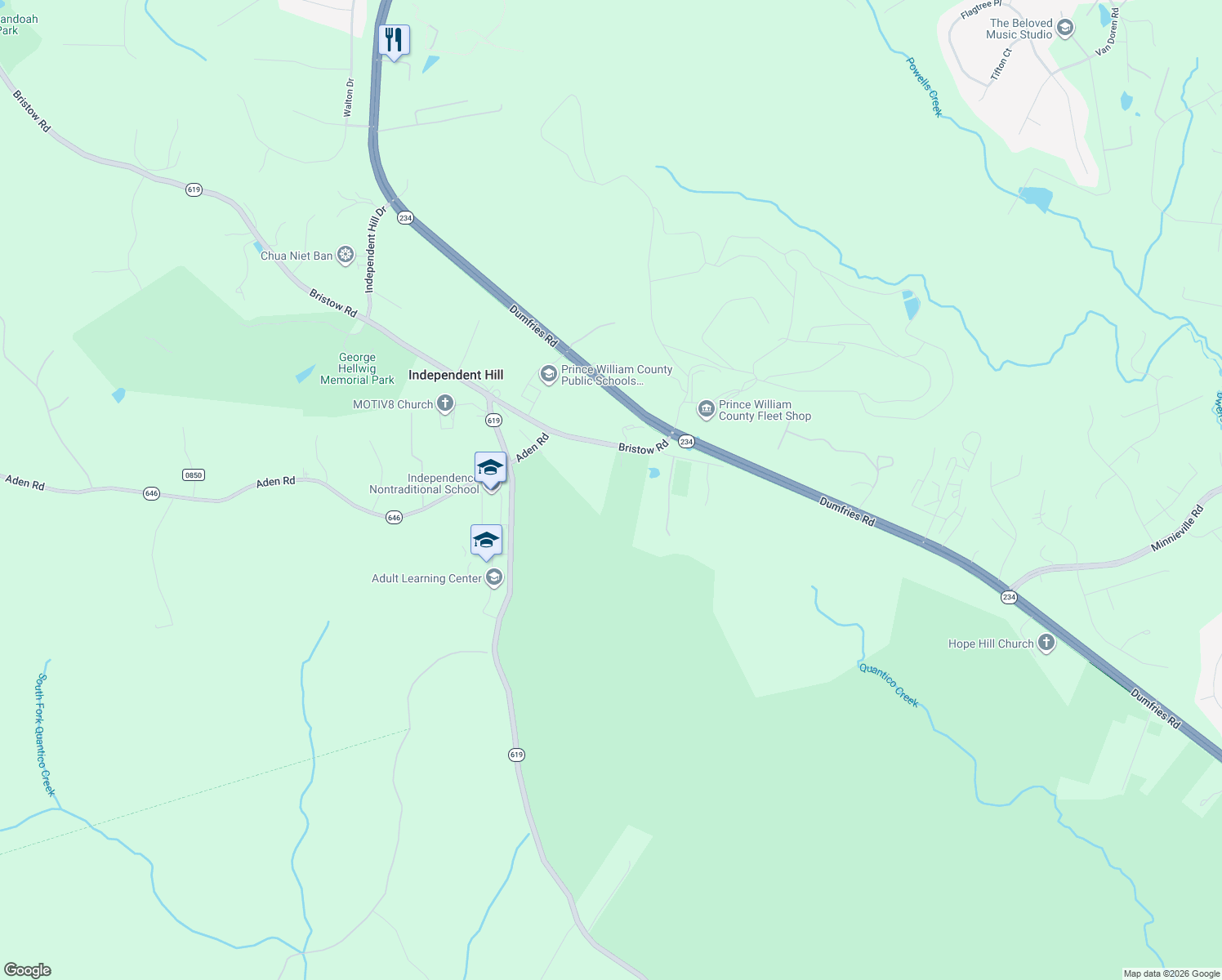 map of restaurants, bars, coffee shops, grocery stores, and more near 14804 Bristow Road in Manassas
