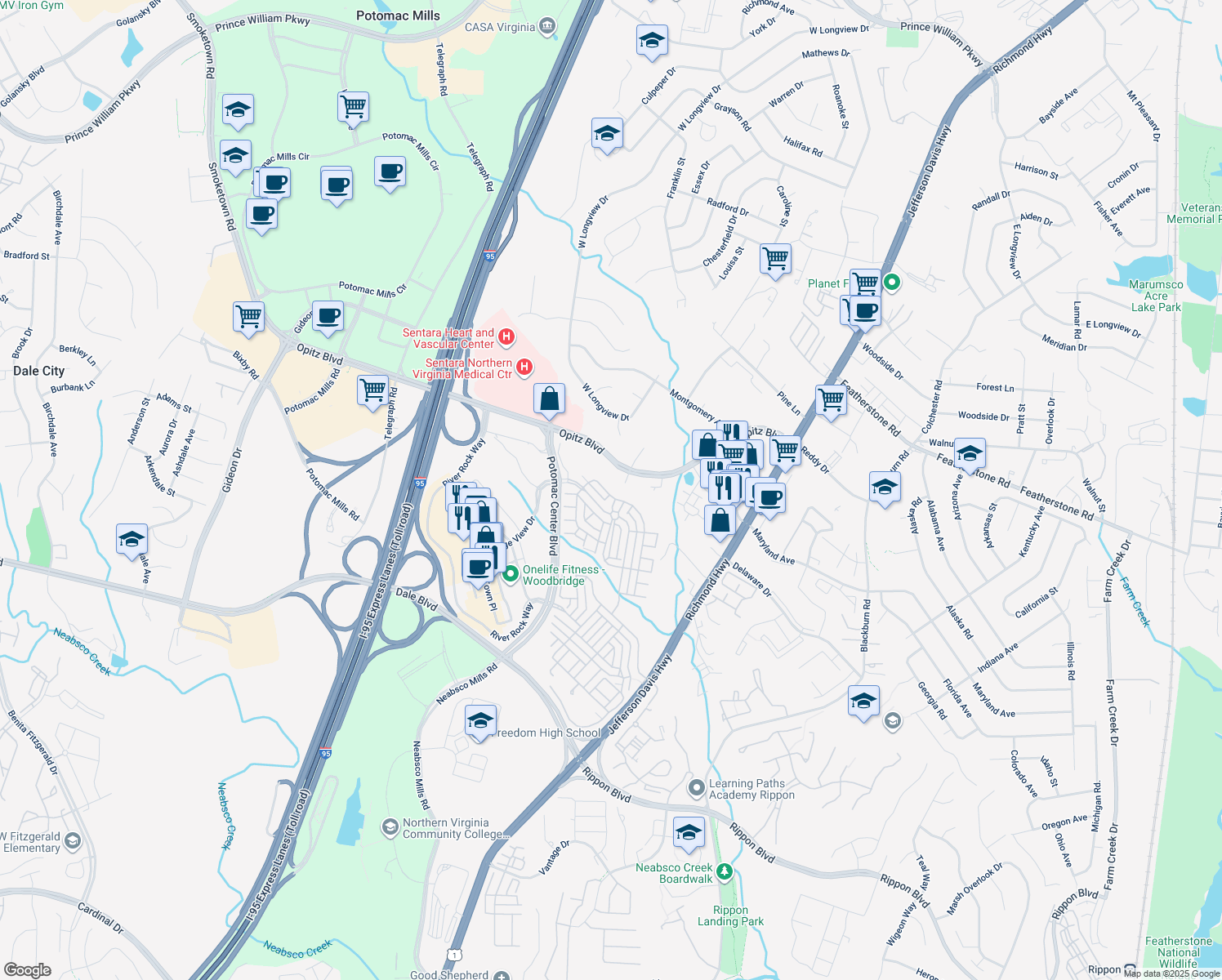 map of restaurants, bars, coffee shops, grocery stores, and more near 14529 Crossfield Way in Woodbridge