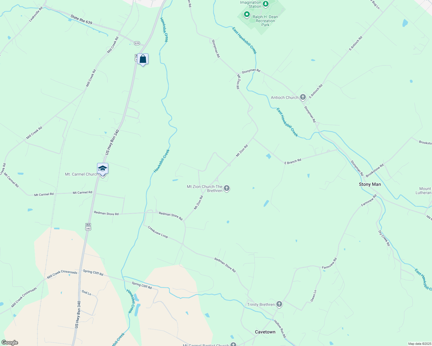 map of restaurants, bars, coffee shops, grocery stores, and more near 1130 Mount Zion Road in Luray