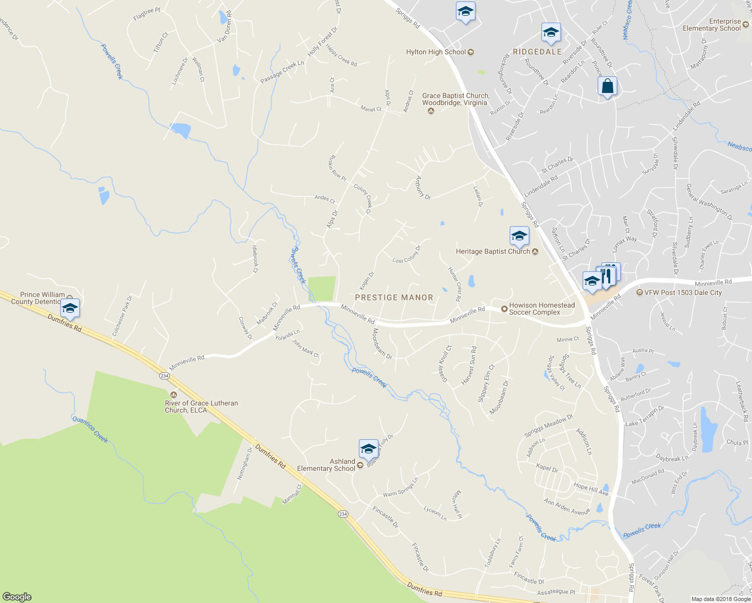 map of restaurants, bars, coffee shops, grocery stores, and more near 14908 January Court in Woodbridge