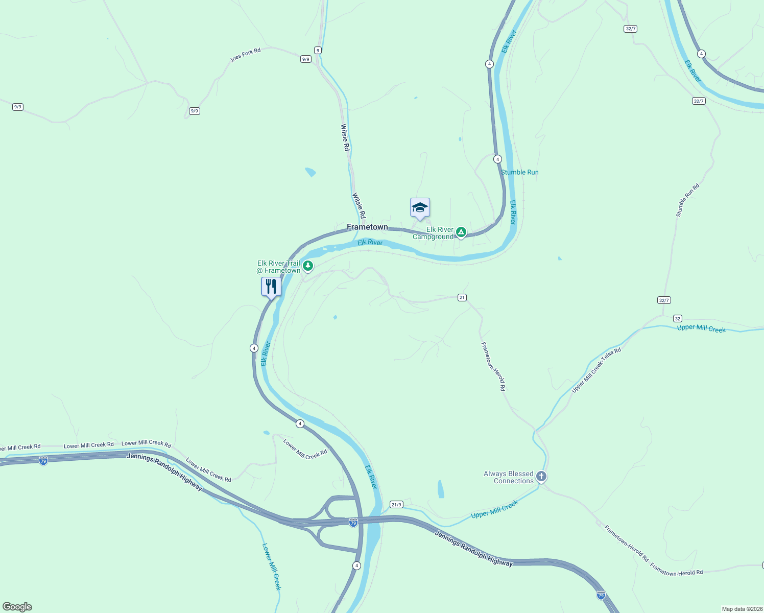 map of restaurants, bars, coffee shops, grocery stores, and more near 642 Frametown Road in Frametown