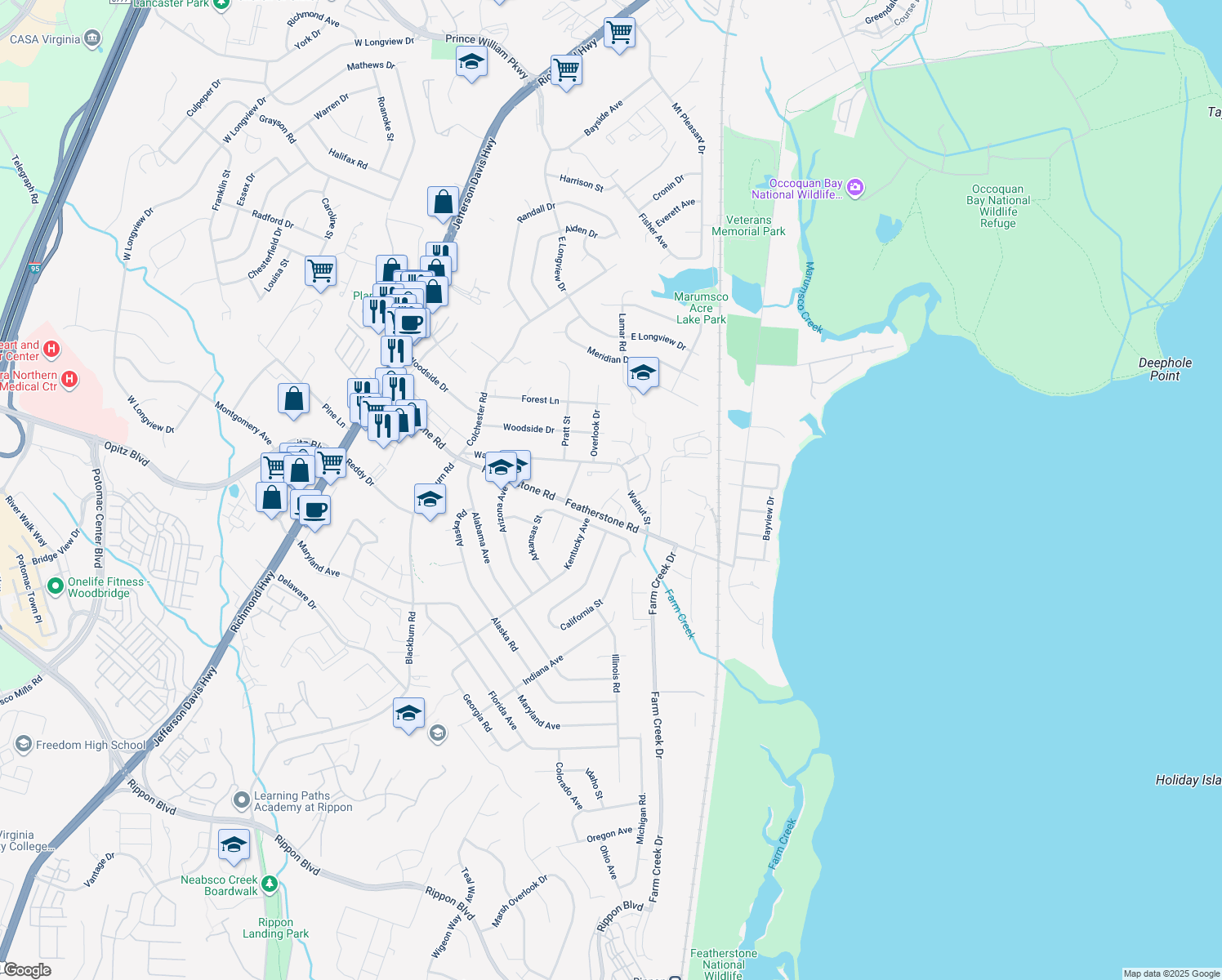 map of restaurants, bars, coffee shops, grocery stores, and more near 14739 Tamarack Pl in Woodbridge