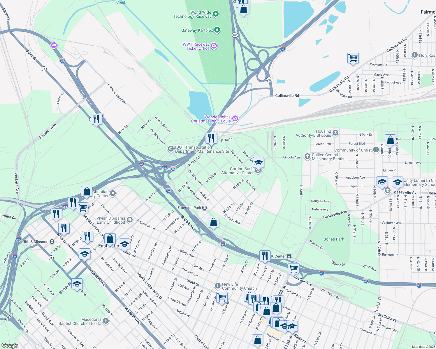 map of restaurants, bars, coffee shops, grocery stores, and more near 1216 North 13th Street in East St. Louis