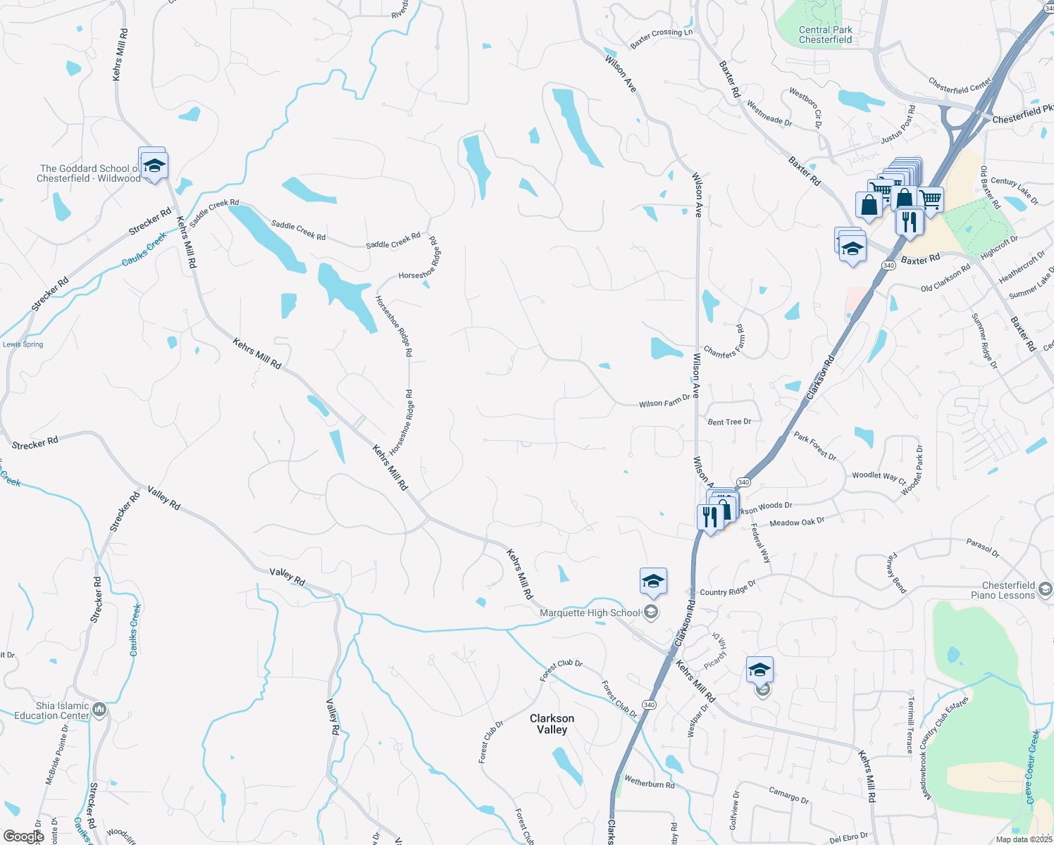 map of restaurants, bars, coffee shops, grocery stores, and more near 16414 Farmers Mill Lane in Chesterfield