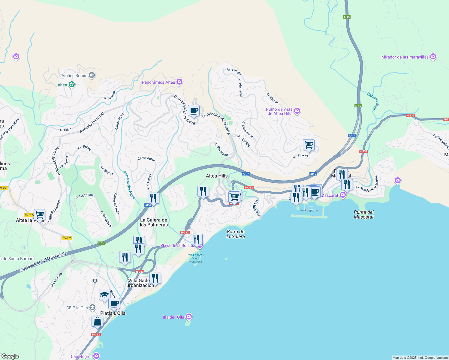 map of restaurants, bars, coffee shops, grocery stores, and more near 181 Calle Principal de la Serra in Altea