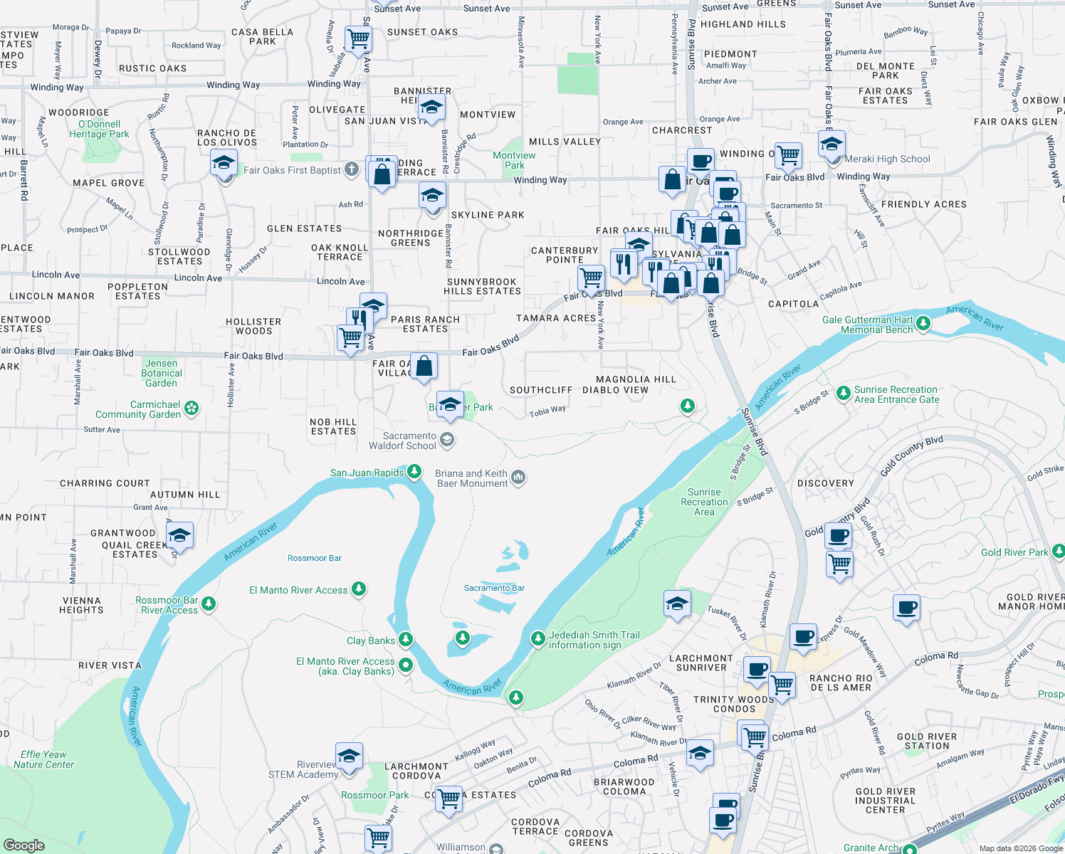 map of restaurants, bars, coffee shops, grocery stores, and more near 7700 Tobia Way in Fair Oaks