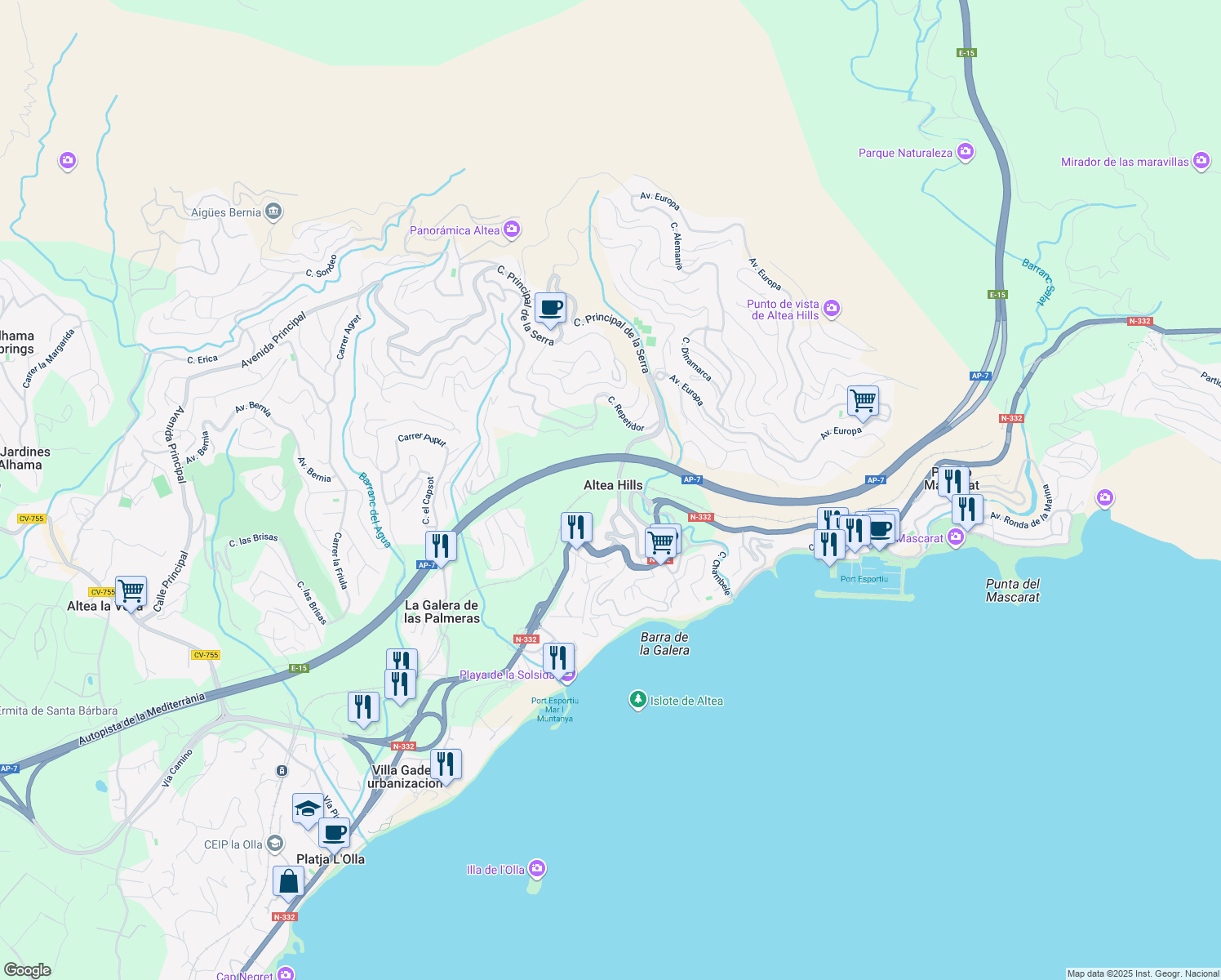 map of restaurants, bars, coffee shops, grocery stores, and more near 181 Carrer Principal de la Serra in Altea