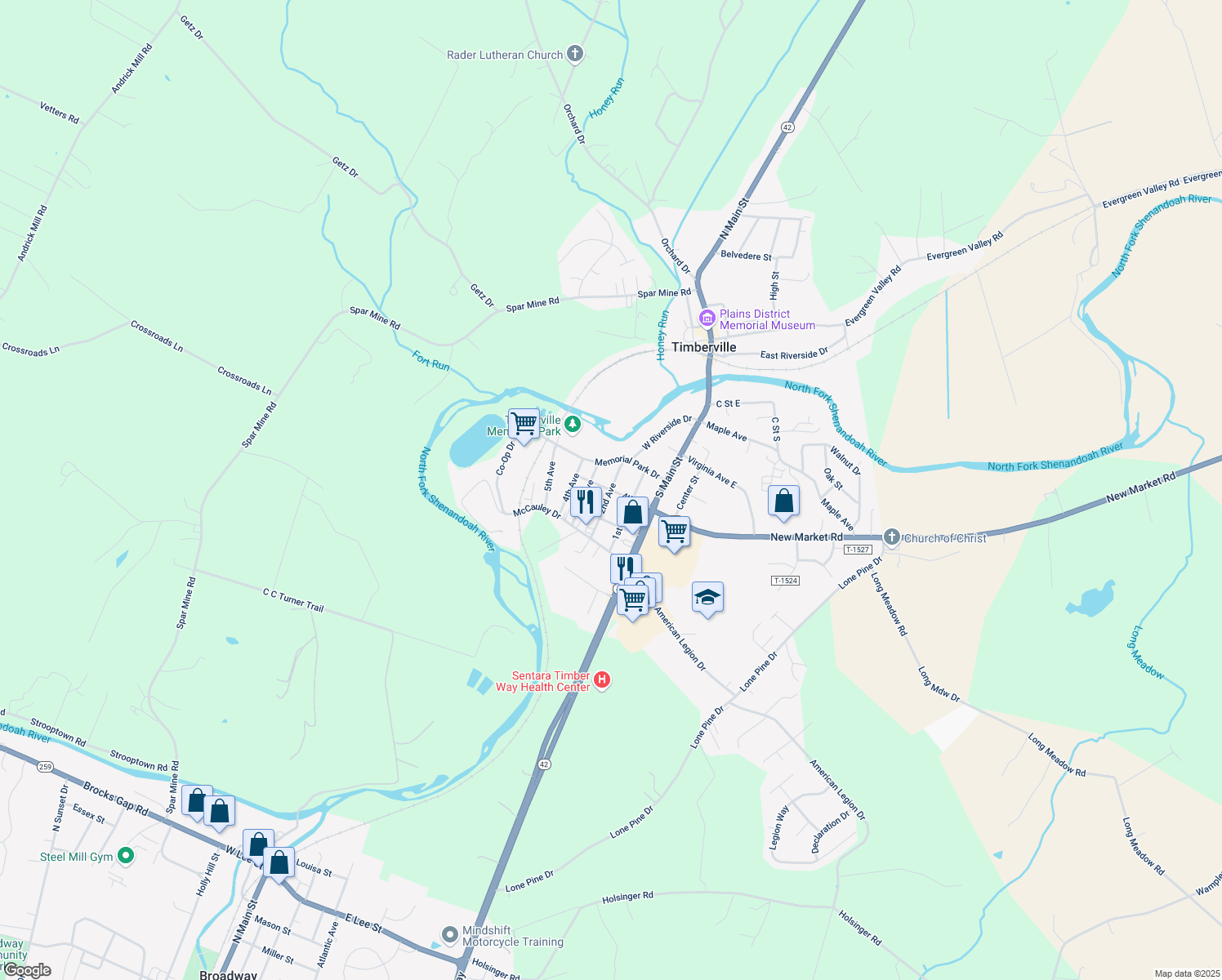 map of restaurants, bars, coffee shops, grocery stores, and more near 4th Street in Timberville
