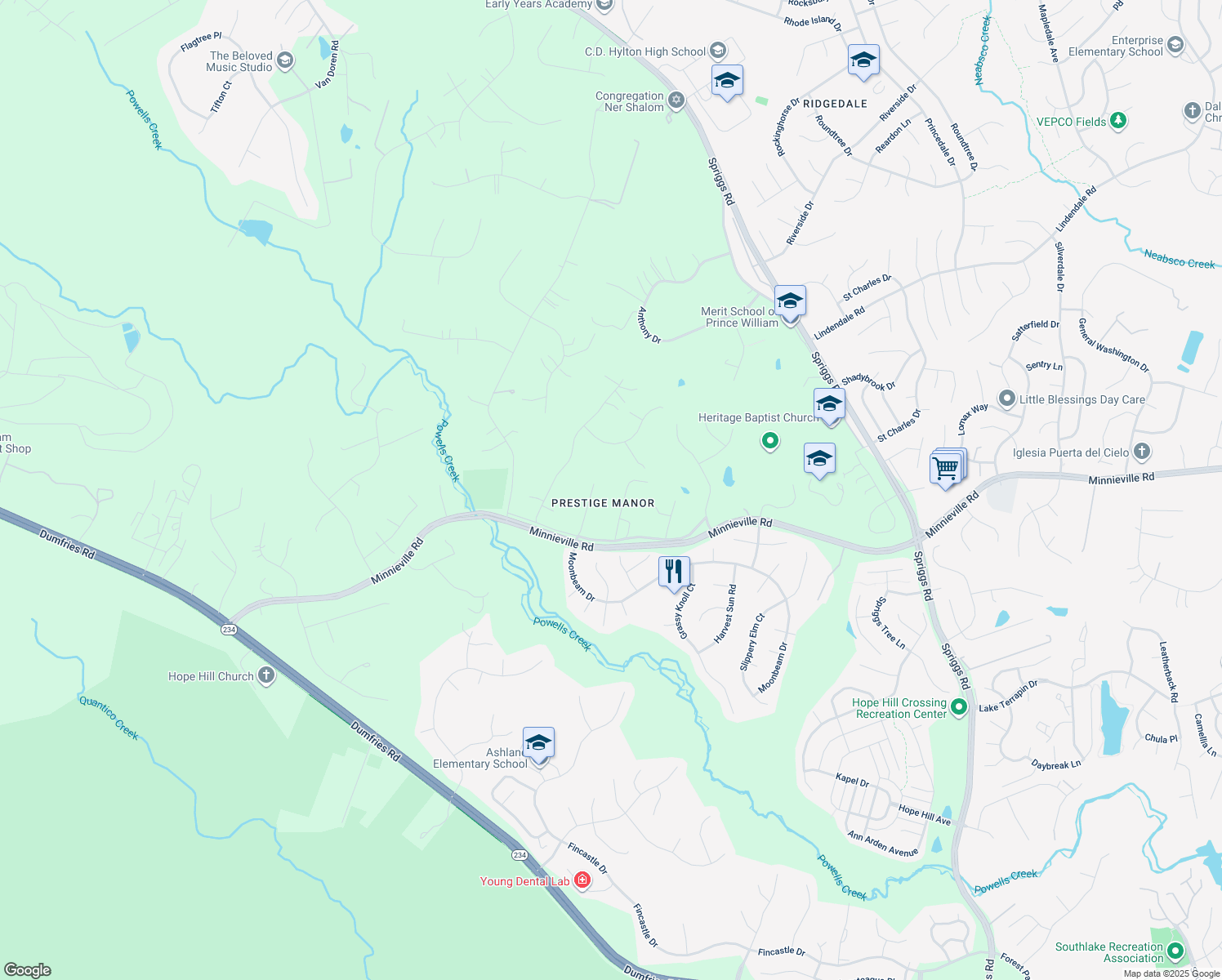 map of restaurants, bars, coffee shops, grocery stores, and more near 14862 Prestige Drive in Woodbridge