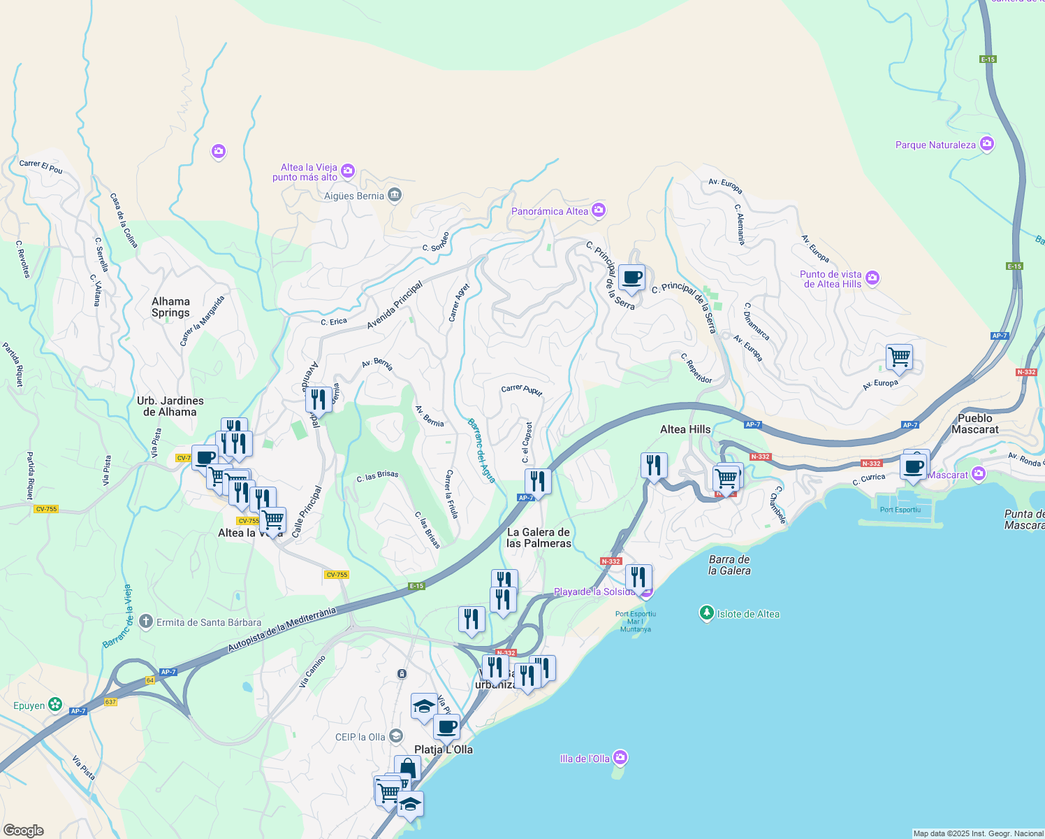 map of restaurants, bars, coffee shops, grocery stores, and more near 13 Calle el Capsot in Altea