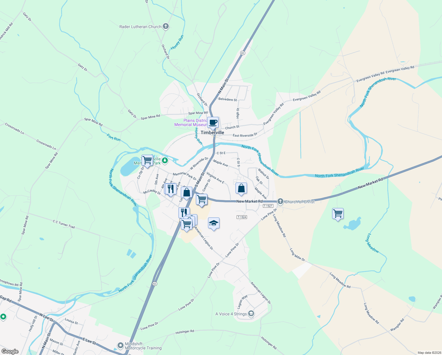 map of restaurants, bars, coffee shops, grocery stores, and more near 169 Virginia Ave in Timberville