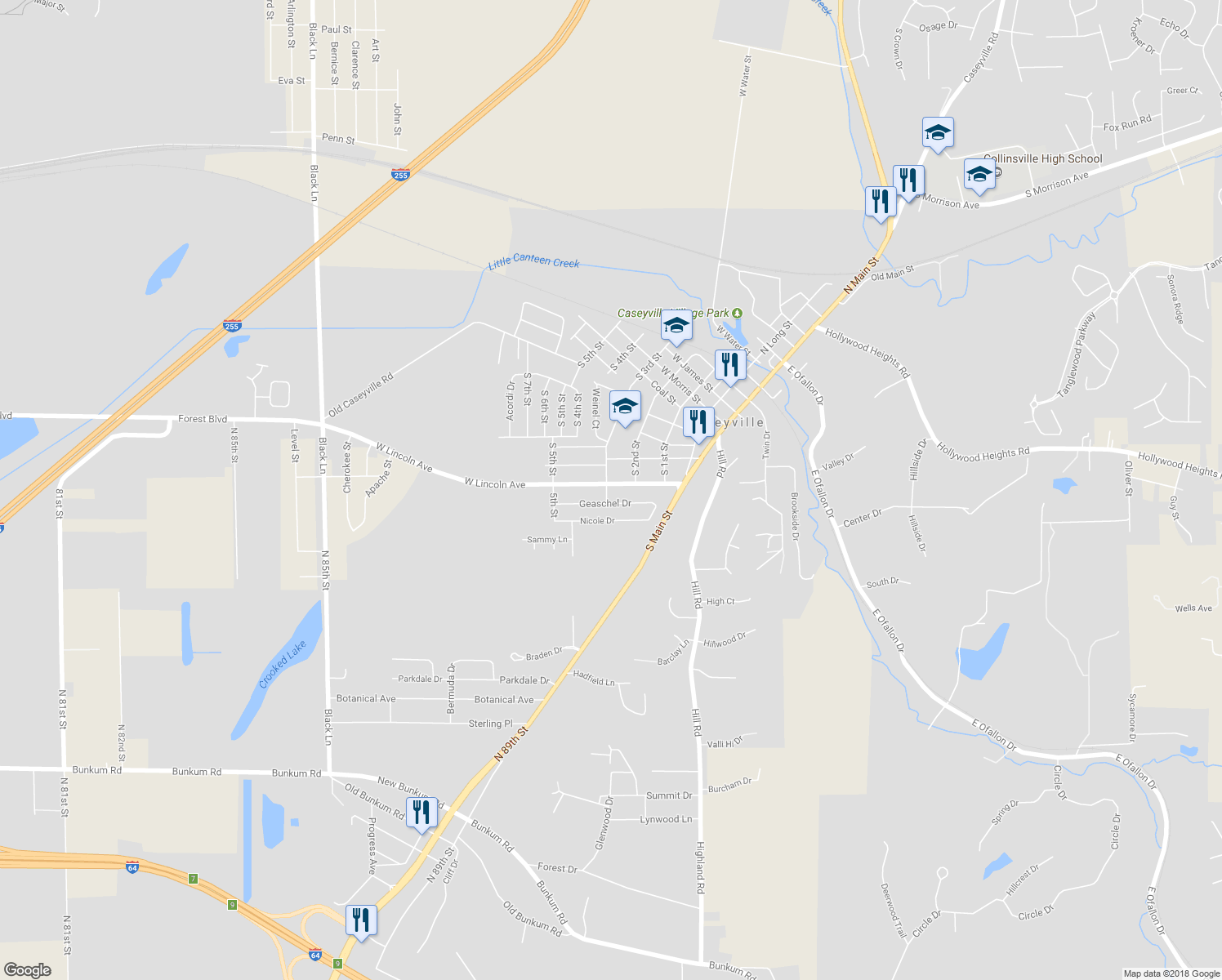 map of restaurants, bars, coffee shops, grocery stores, and more near 212 West Lincoln Avenue in Caseyville