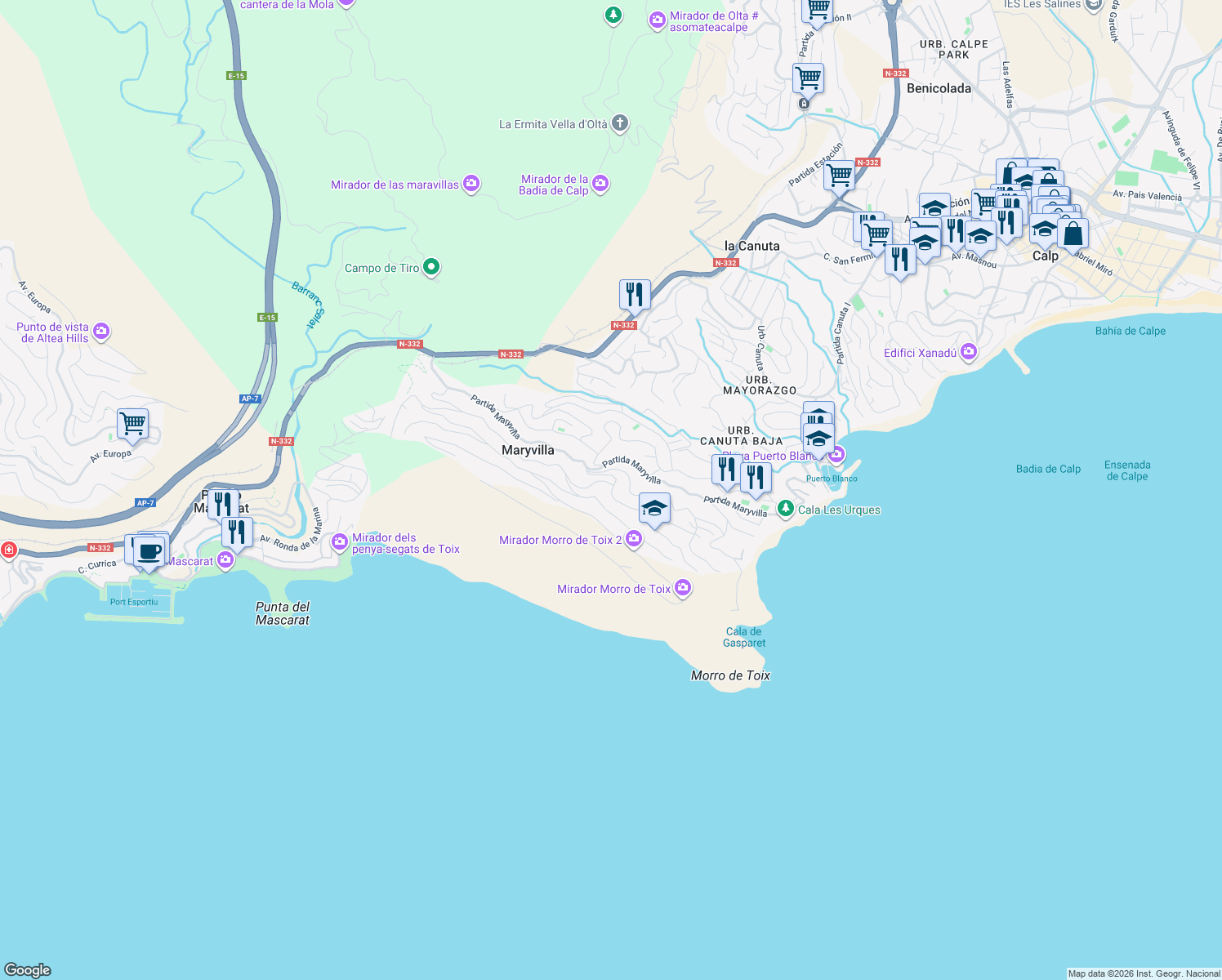 map of restaurants, bars, coffee shops, grocery stores, and more near 28G Partida Maryvilla in Calpe
