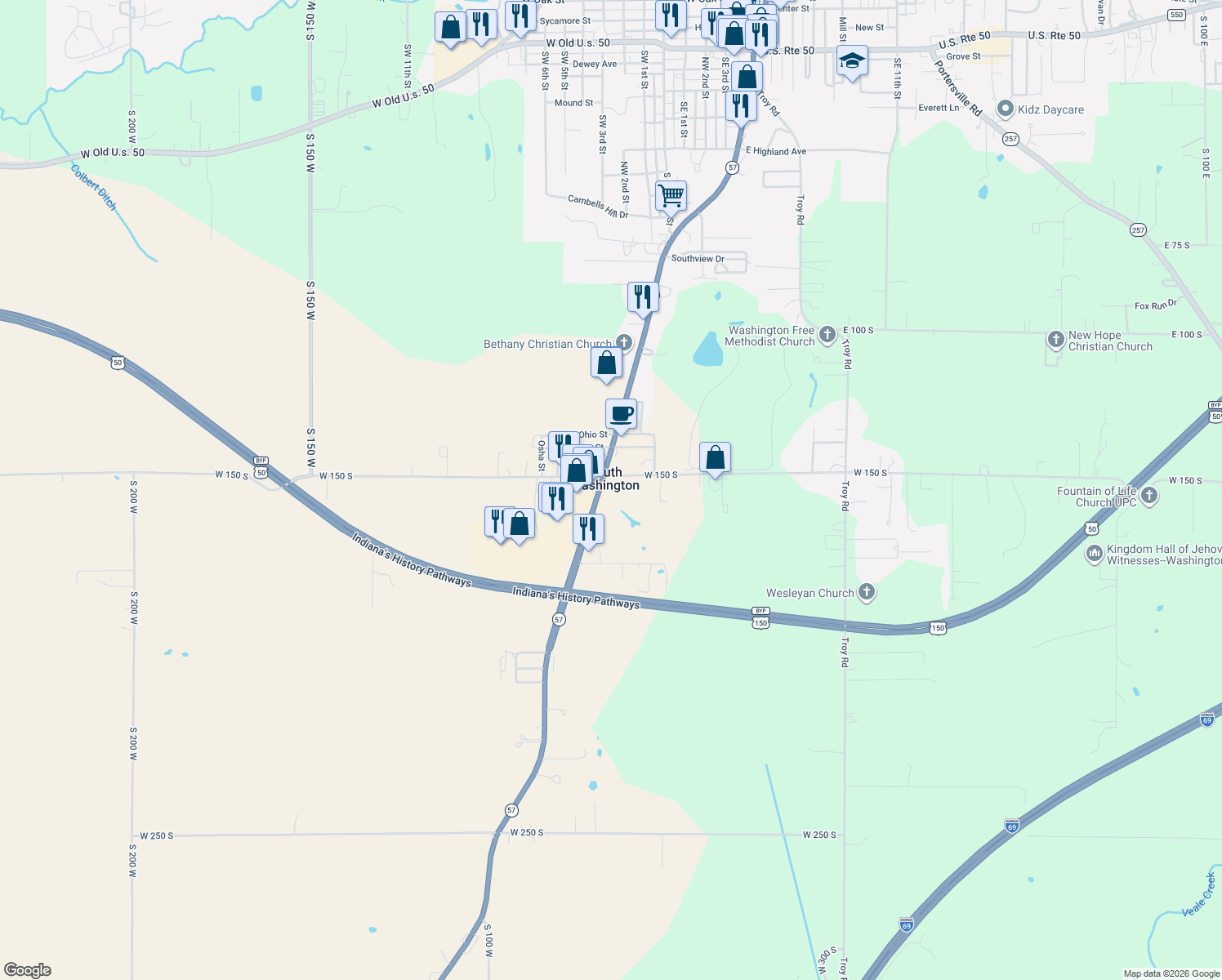 map of restaurants, bars, coffee shops, grocery stores, and more near 1512 Highway 57 in Washington