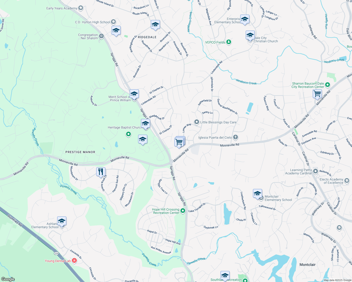 map of restaurants, bars, coffee shops, grocery stores, and more near 5442 Lomax Way in Woodbridge