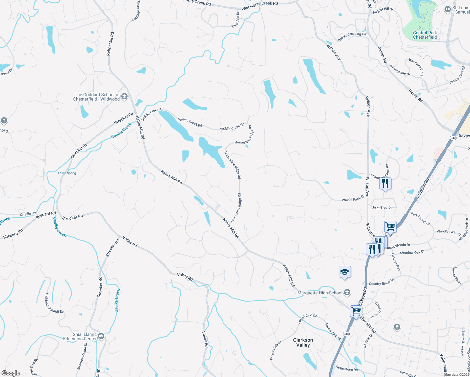 map of restaurants, bars, coffee shops, grocery stores, and more near 1745 Horseshoe Ridge Road in Chesterfield