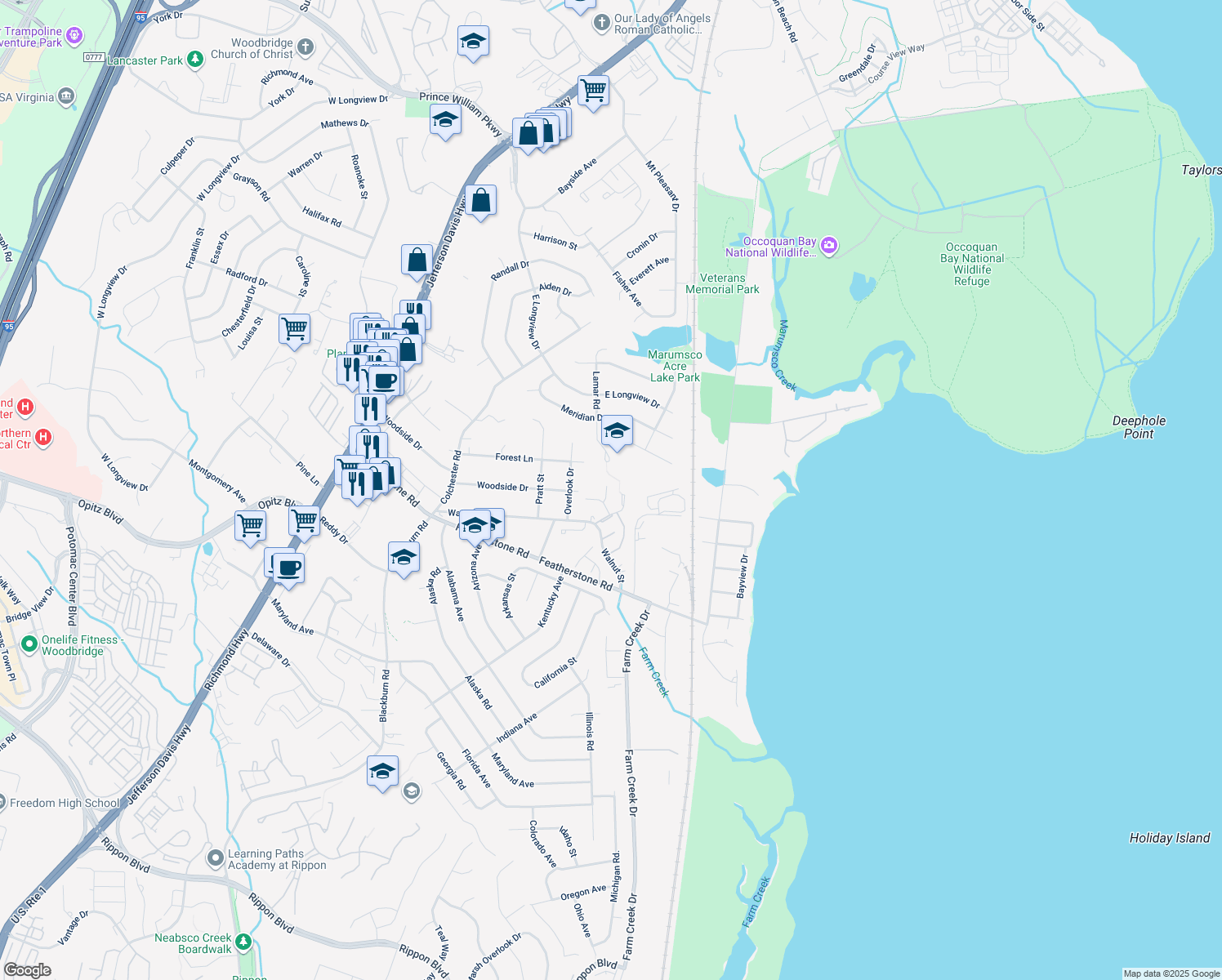 map of restaurants, bars, coffee shops, grocery stores, and more near 14637 Ponderosa Court in Woodbridge