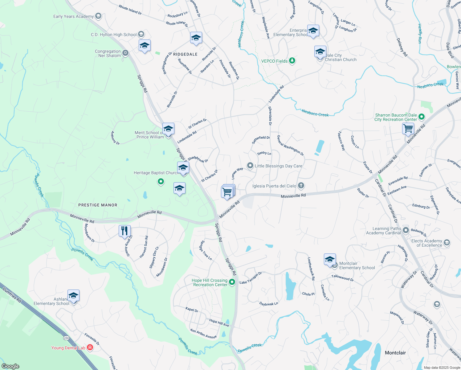 map of restaurants, bars, coffee shops, grocery stores, and more near 5434 Lomax Way in Woodbridge