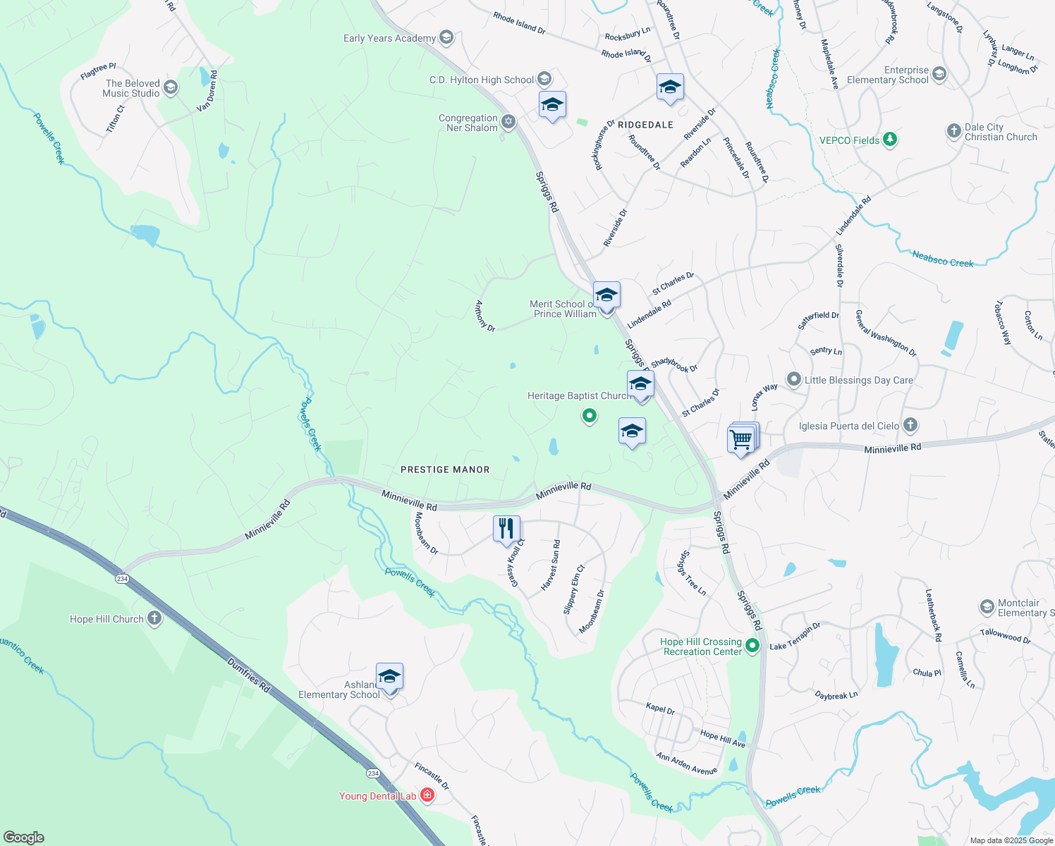 map of restaurants, bars, coffee shops, grocery stores, and more near 5926 Hunter Crest Road in Woodbridge