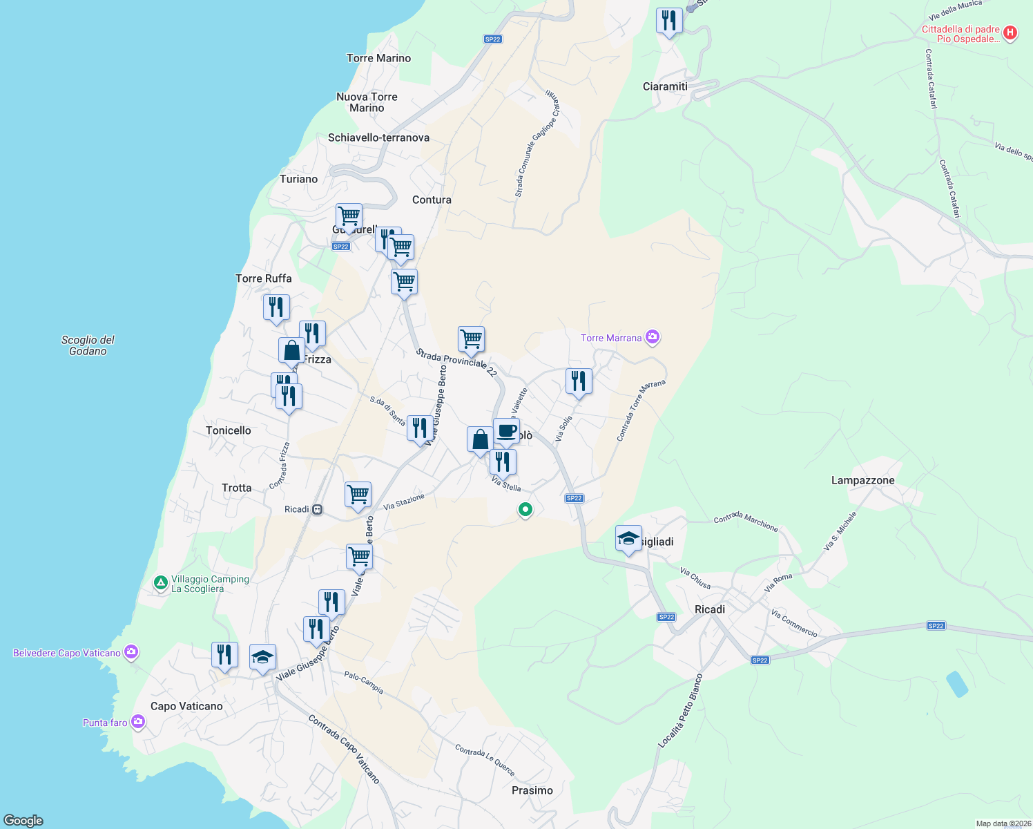 map of restaurants, bars, coffee shops, grocery stores, and more near 32 Via Vaisette in San Nicolò