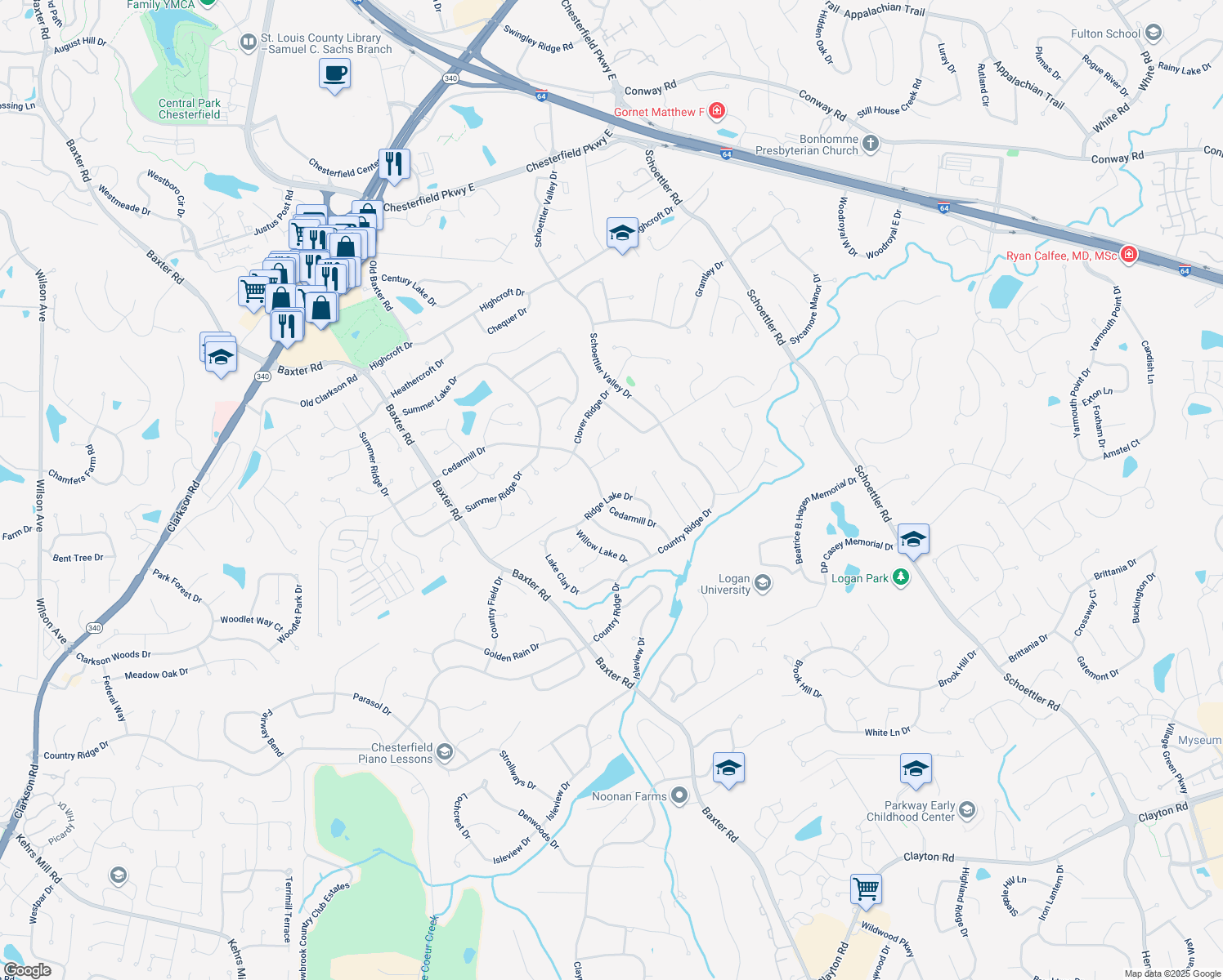 map of restaurants, bars, coffee shops, grocery stores, and more near 1902 Ridge Lake Drive in Chesterfield