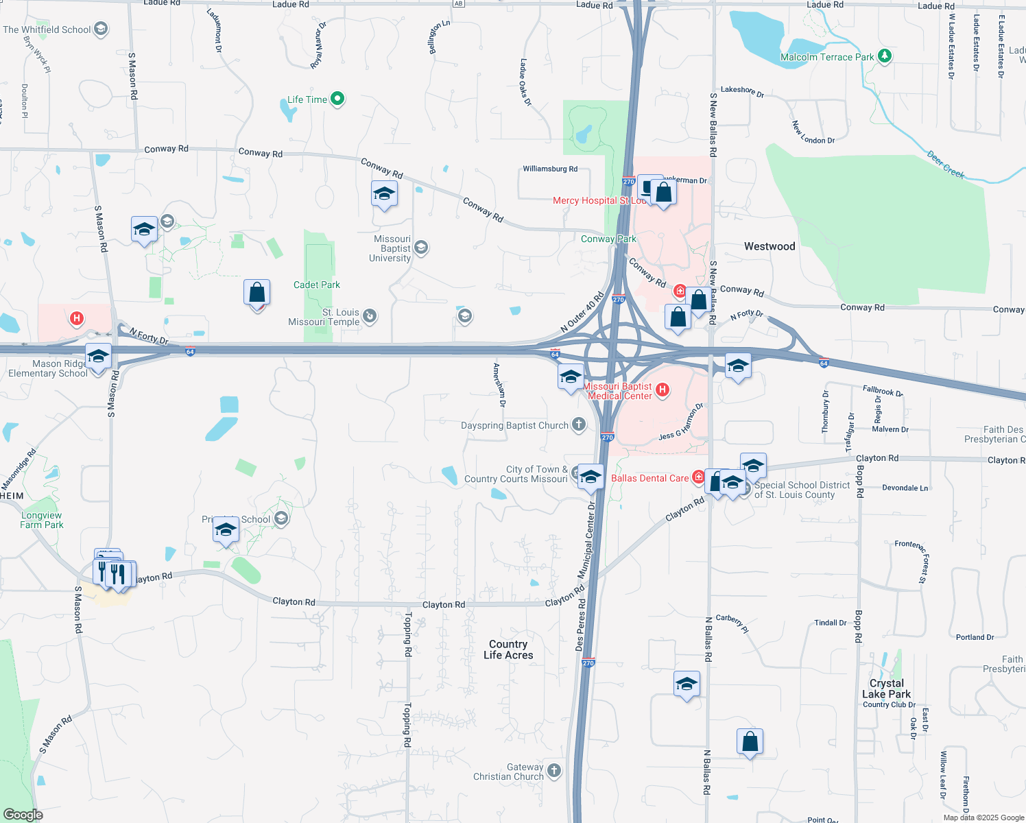 map of restaurants, bars, coffee shops, grocery stores, and more near 874 Amersham Drive in St. Louis