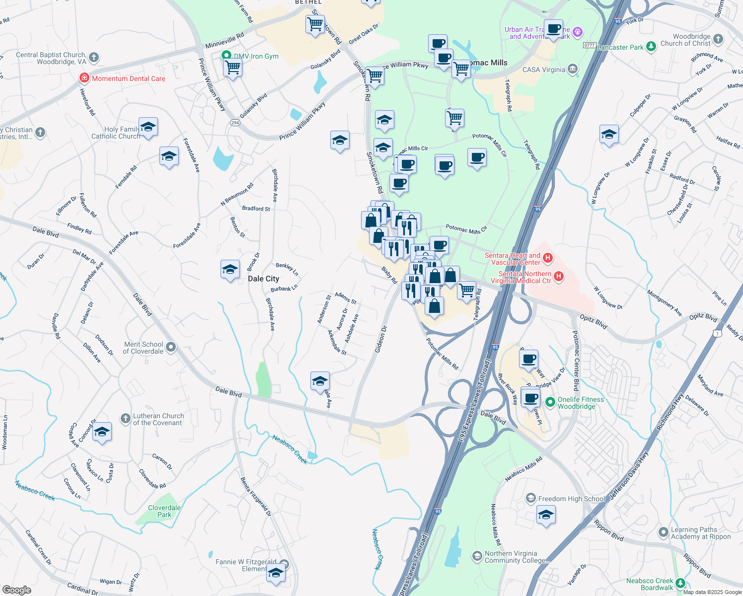 map of restaurants, bars, coffee shops, grocery stores, and more near 14600 Charity Court in Woodbridge