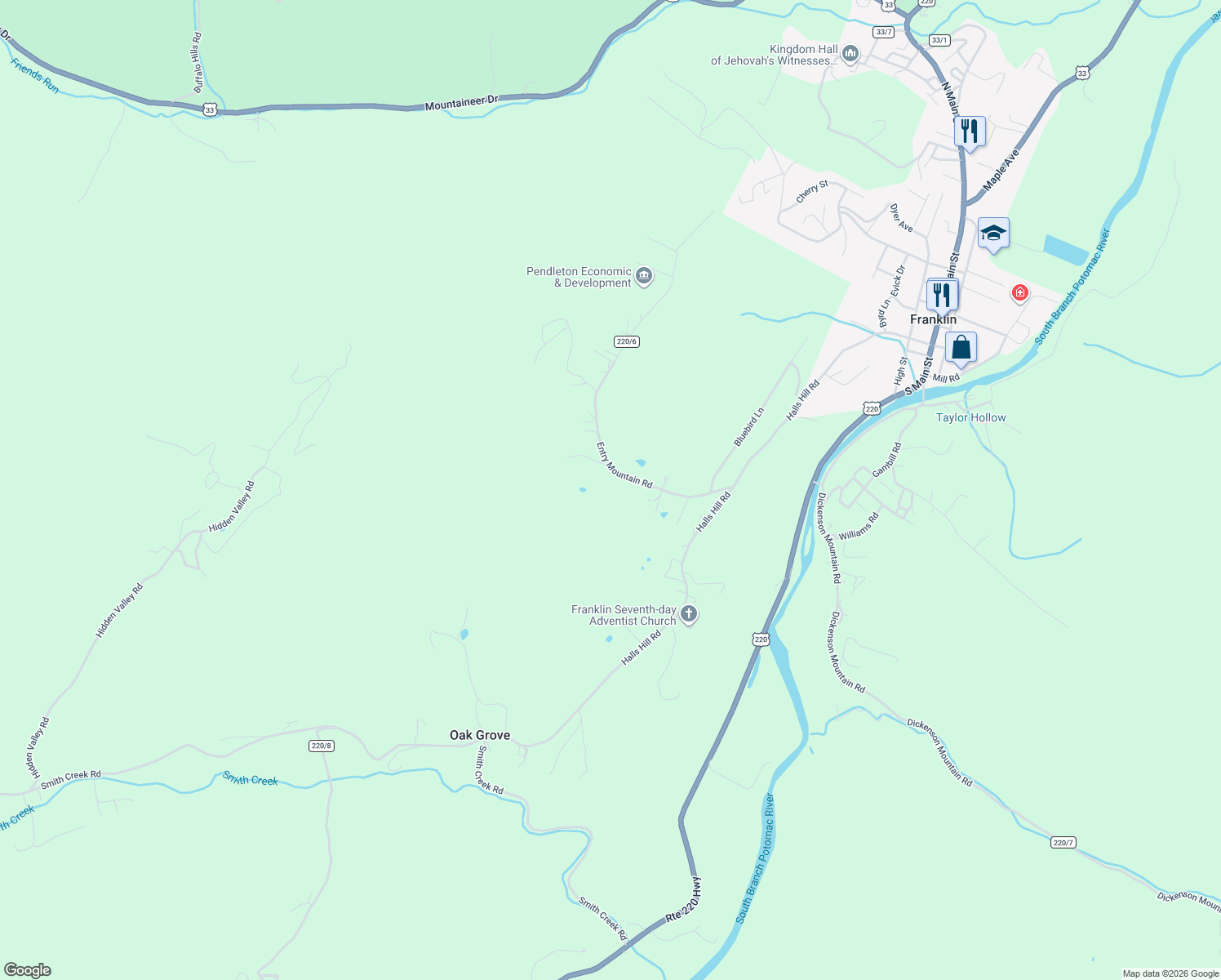 map of restaurants, bars, coffee shops, grocery stores, and more near 325 Entry Mountain Road in Franklin