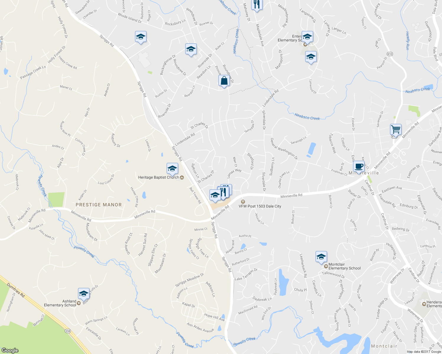 map of restaurants, bars, coffee shops, grocery stores, and more near 5433 Staples Lane in Woodbridge