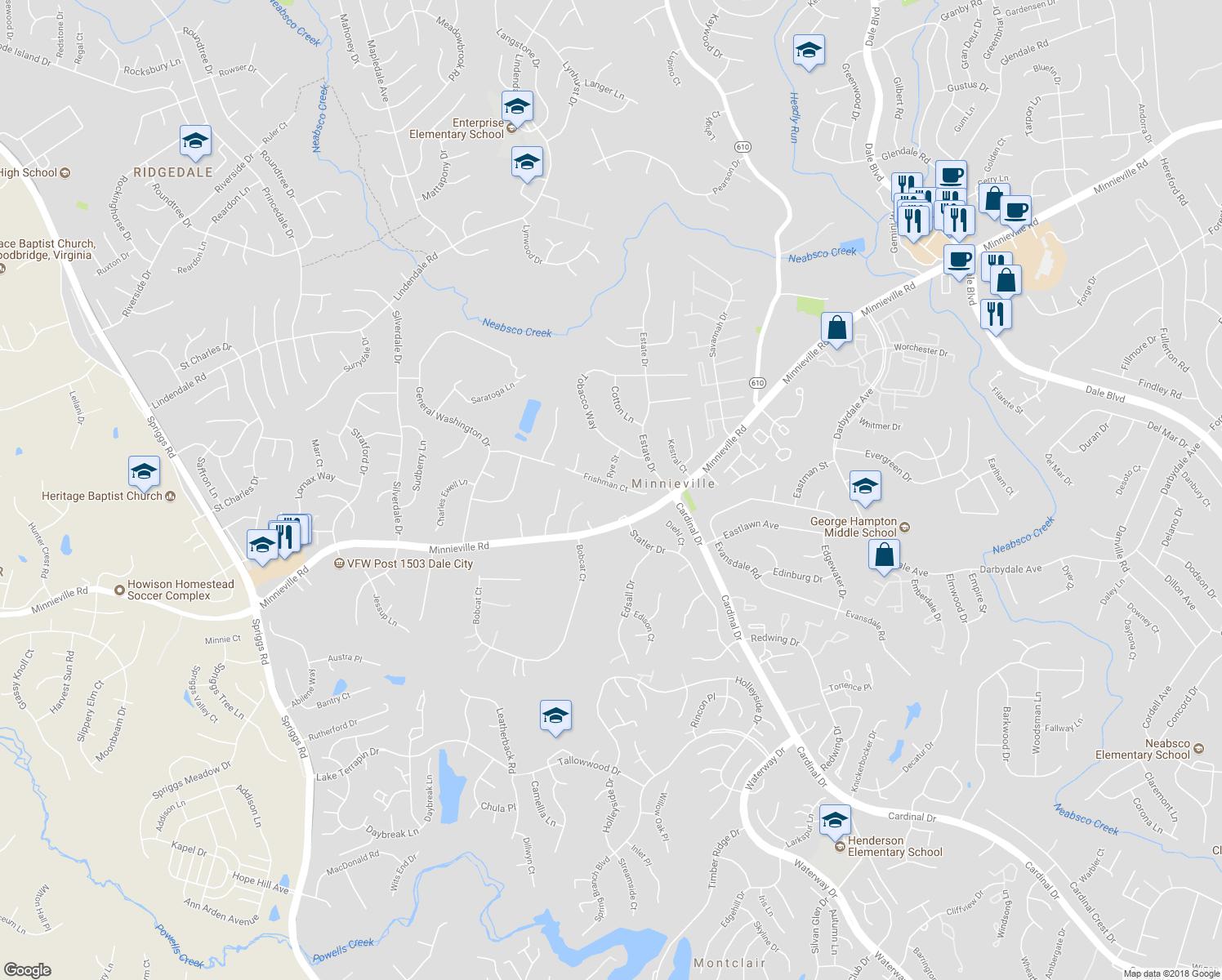 map of restaurants, bars, coffee shops, grocery stores, and more near 4921 Frishman Court in Woodbridge
