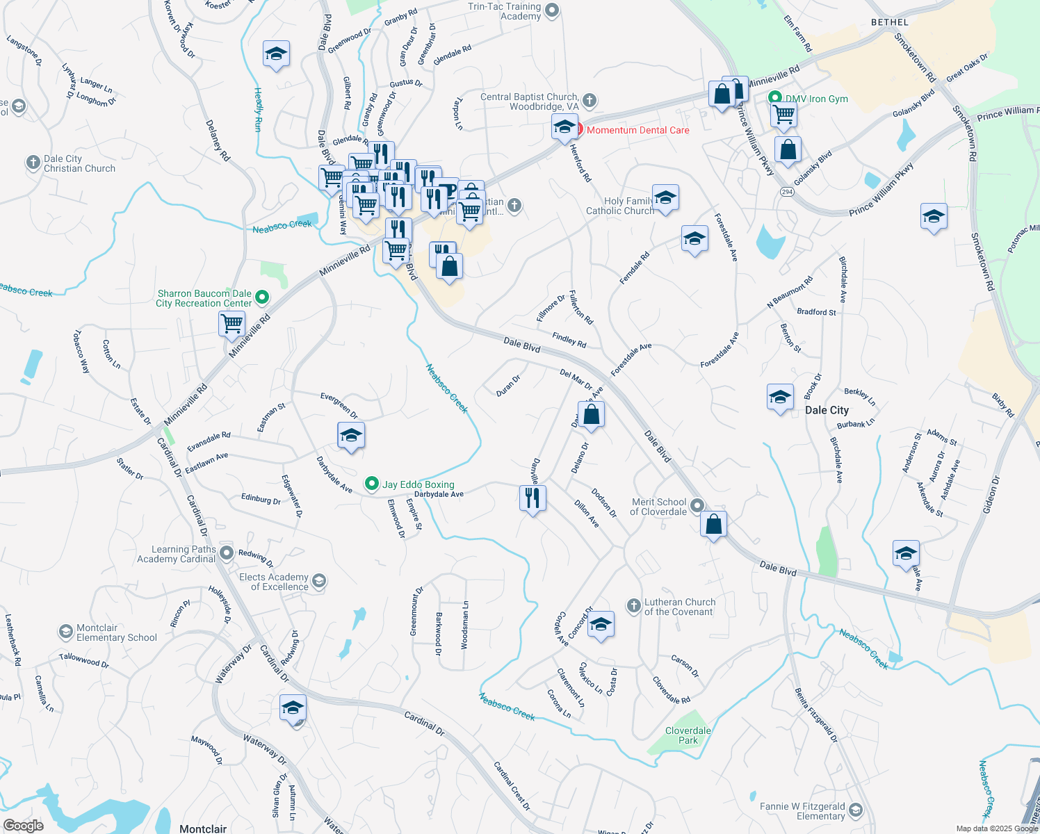 map of restaurants, bars, coffee shops, grocery stores, and more near 3957 Deer Court in Woodbridge