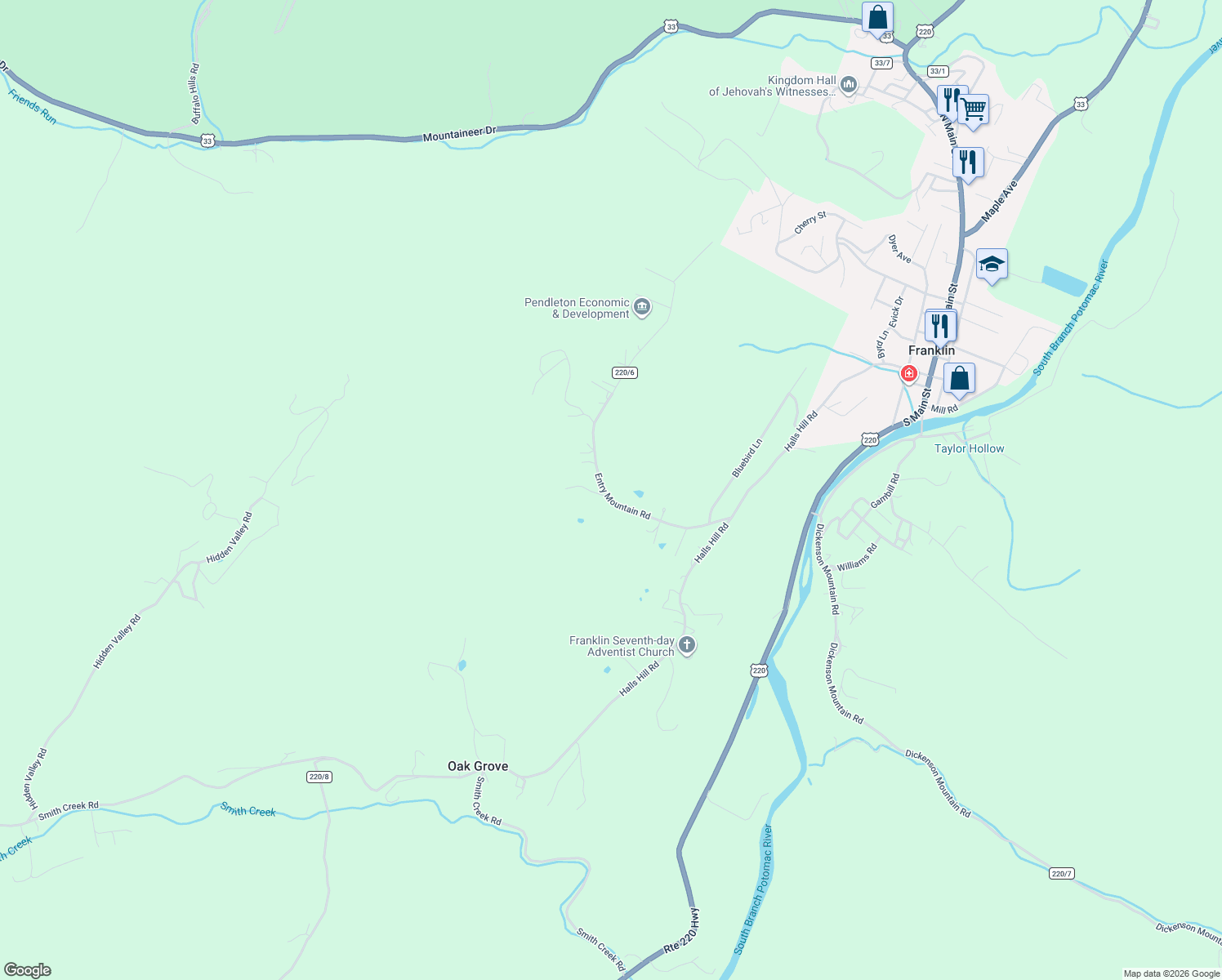 map of restaurants, bars, coffee shops, grocery stores, and more near 325 Entry Mountain Road in Franklin