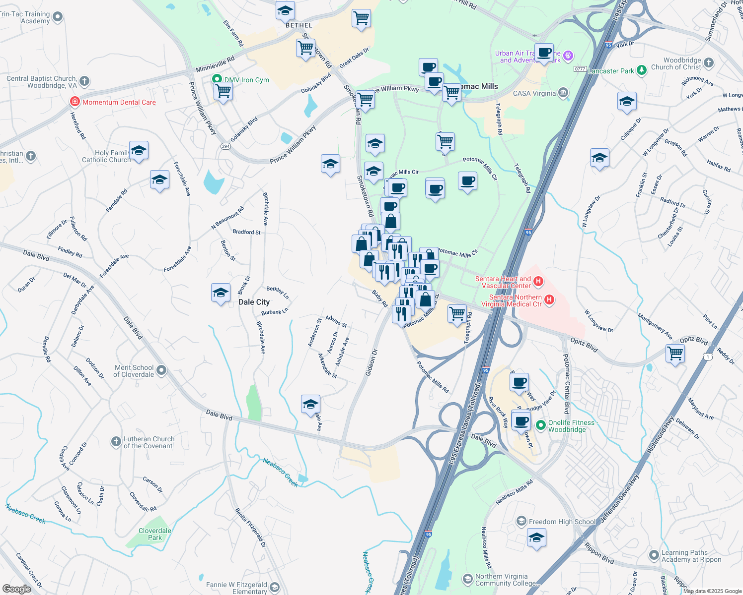 map of restaurants, bars, coffee shops, grocery stores, and more near 2848 Bowes Lane in Woodbridge