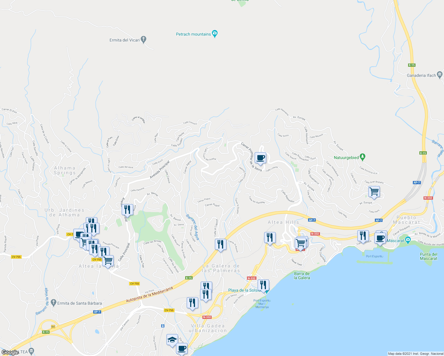map of restaurants, bars, coffee shops, grocery stores, and more near Calle Costa Brava in Alicante